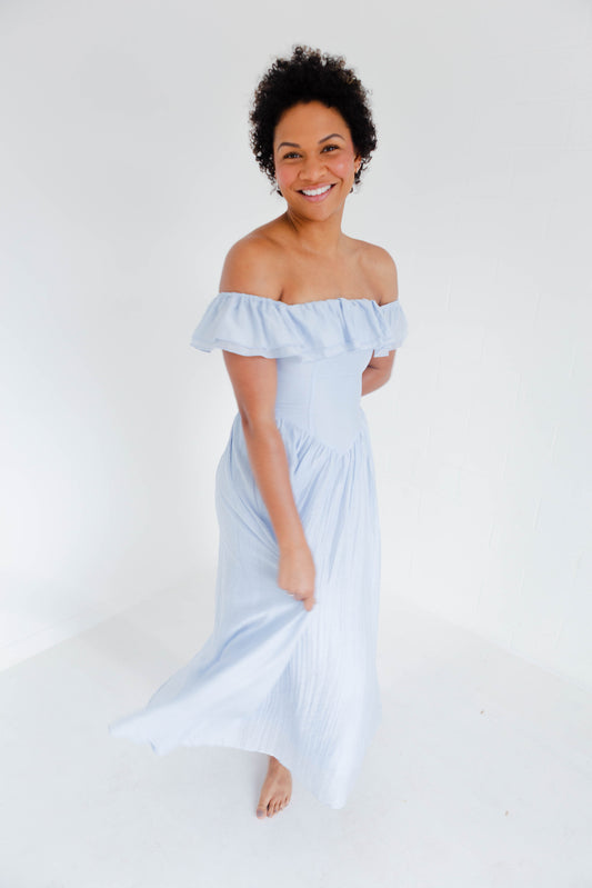 Baby Blue Off the Shoulder Midi Dress