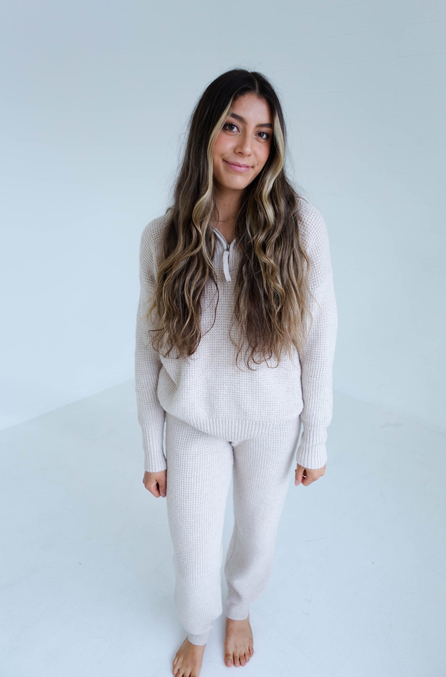 Oatmeal Waffle Sweater Jogger and Half Zip Sweater Set