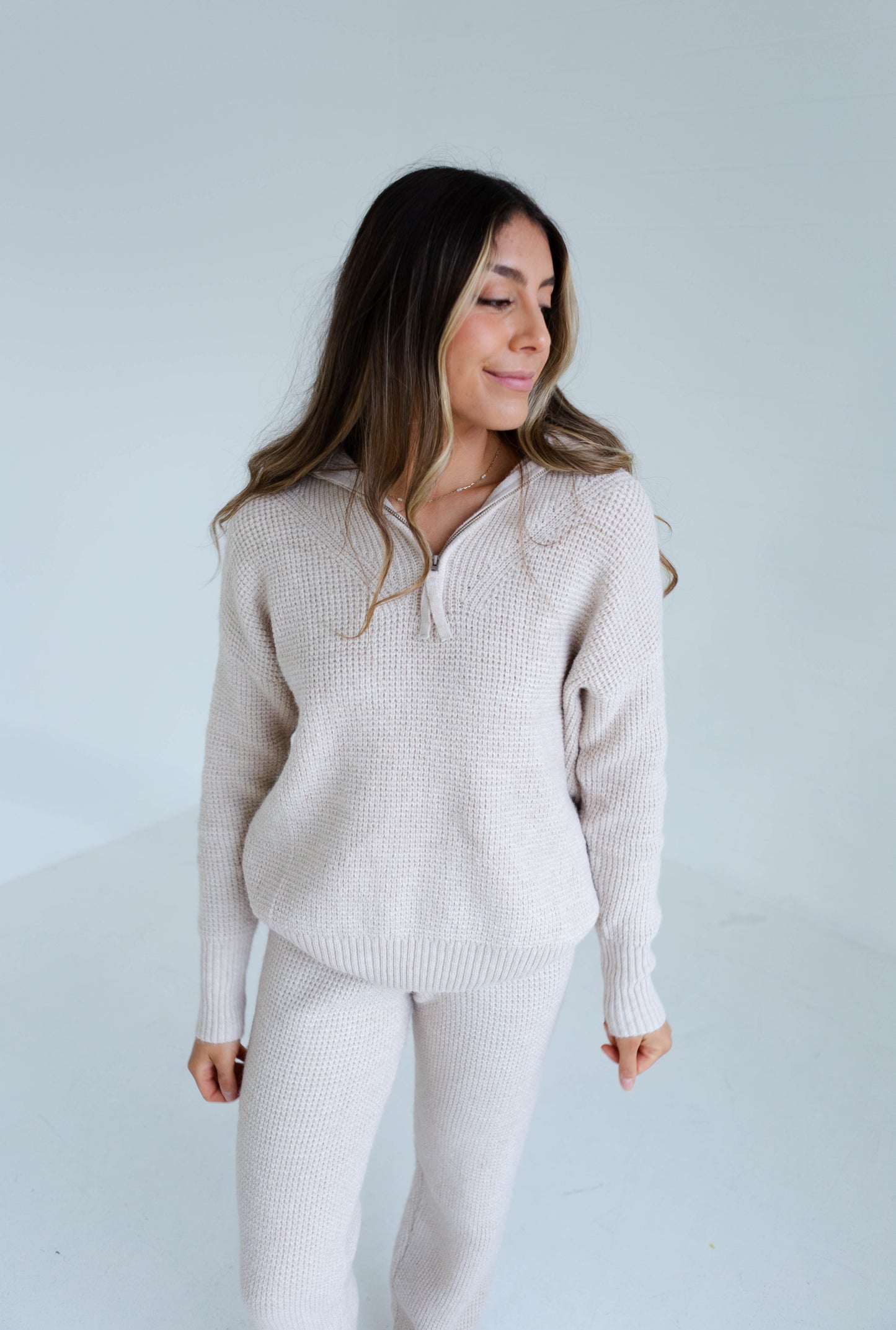 Oatmeal Waffle Sweater Jogger and Half Zip Sweater Set