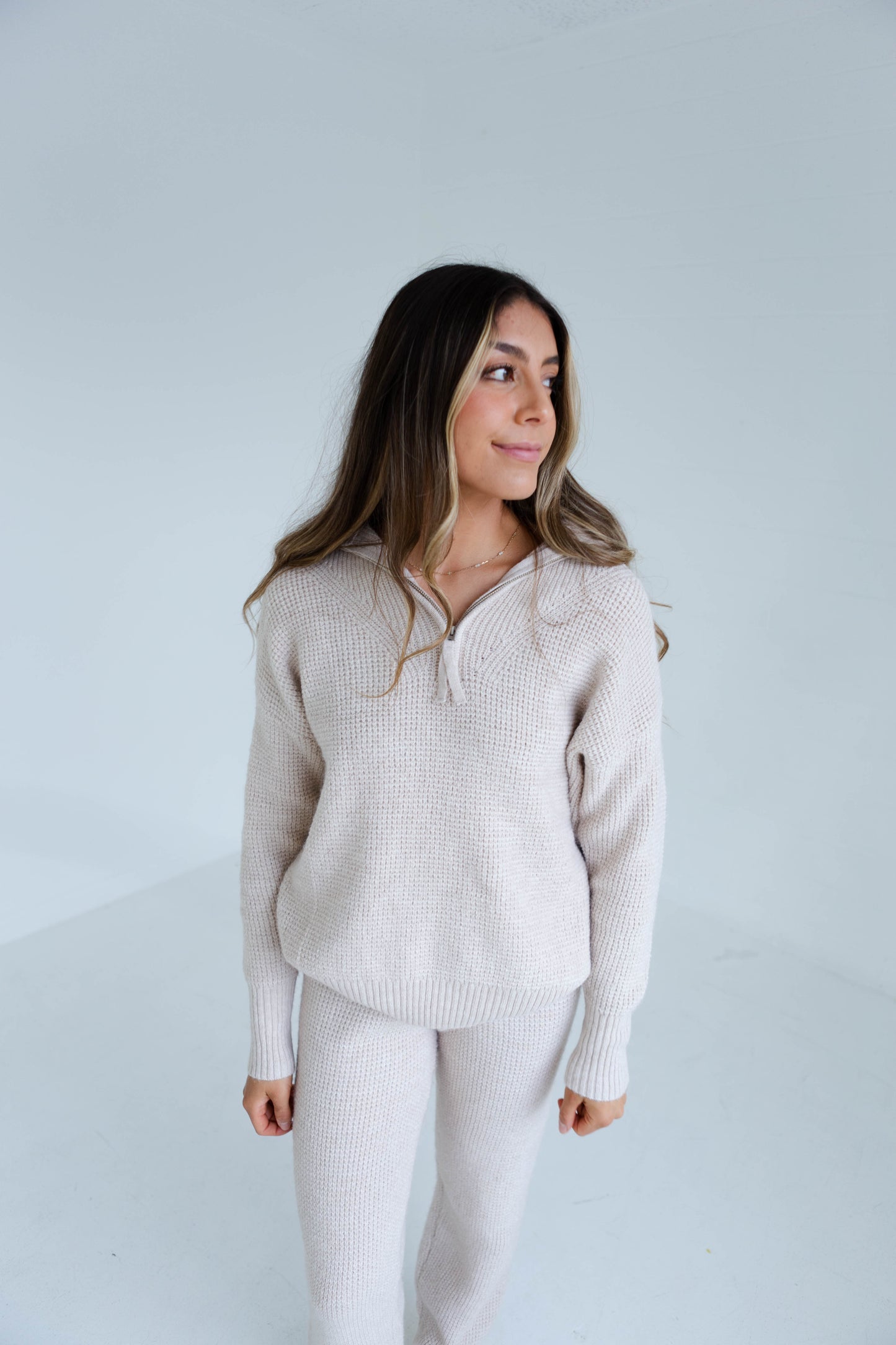 Oatmeal Waffle Sweater Jogger and Half Zip Sweater Set