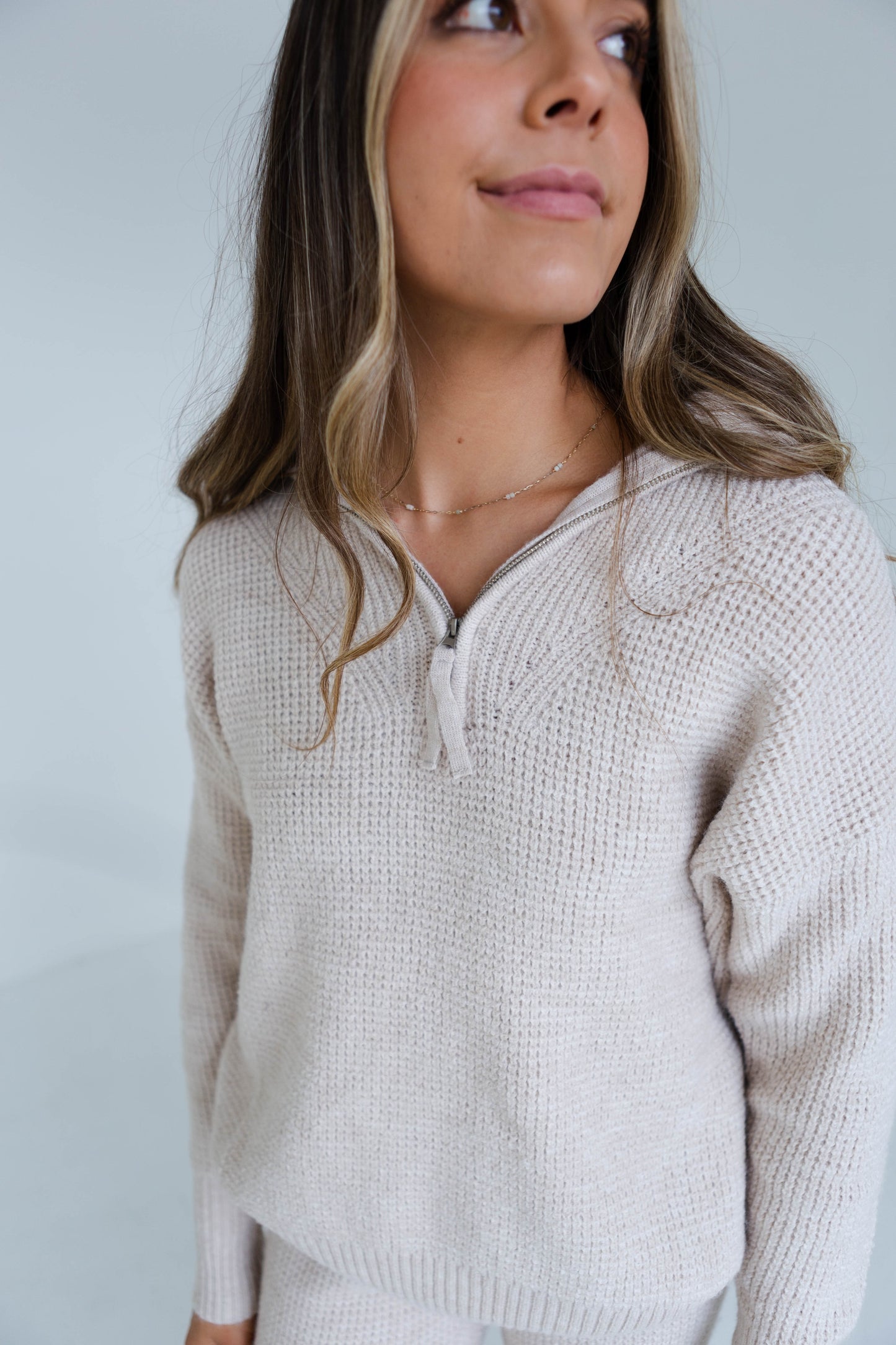 Oatmeal Waffle Sweater Jogger and Half Zip Sweater Set