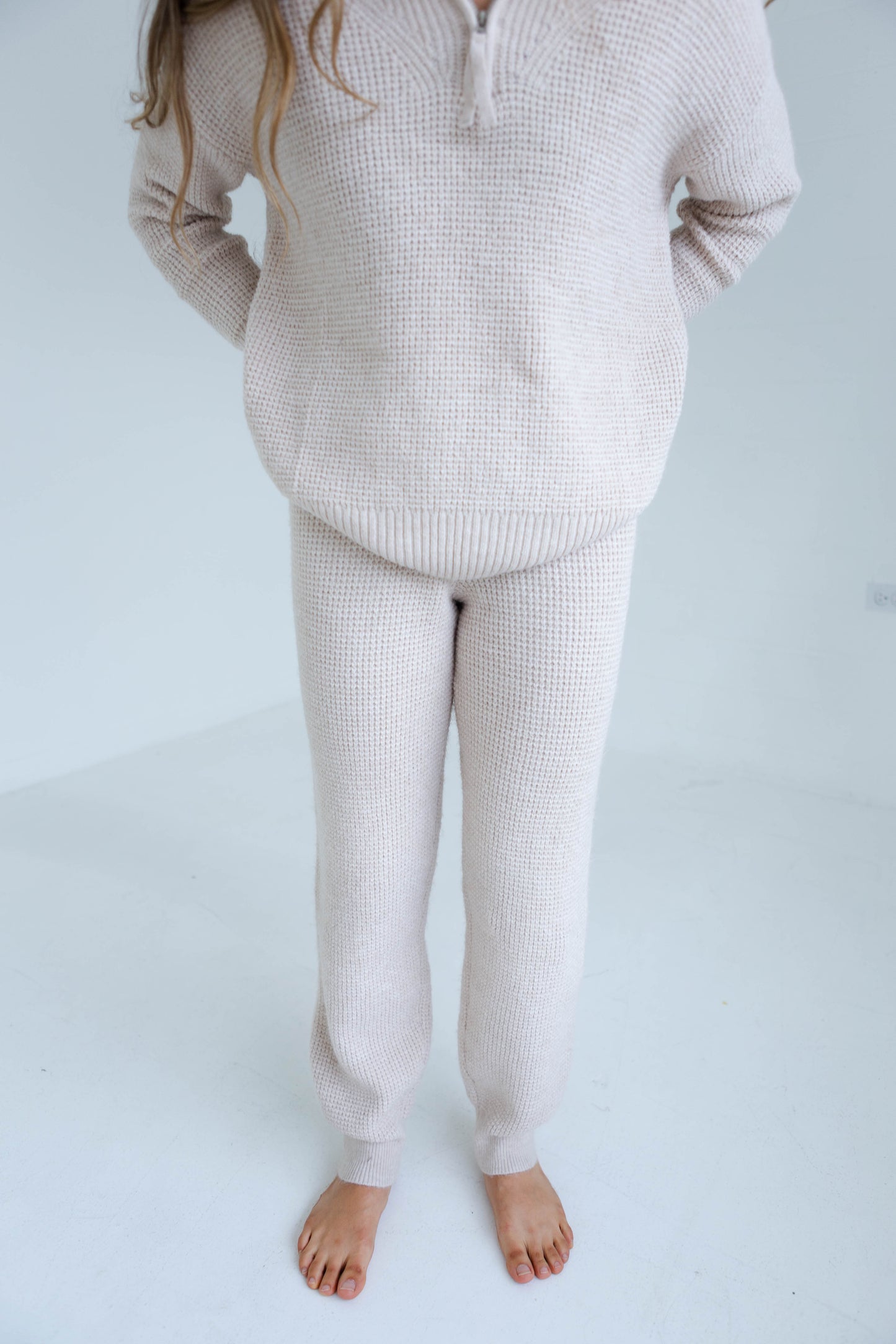 Oatmeal Waffle Sweater Jogger and Half Zip Sweater Set