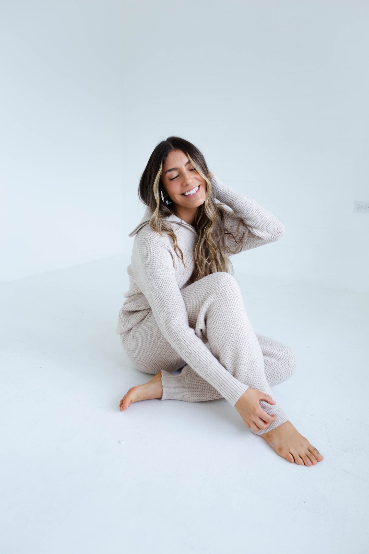Oatmeal Waffle Sweater Jogger and Half Zip Sweater Set