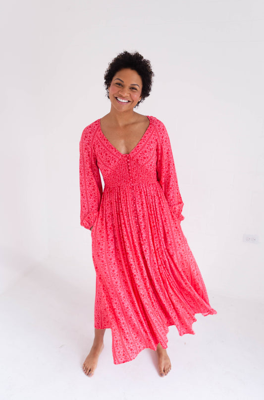 Cherry Smocked Button Down Maxi Dress