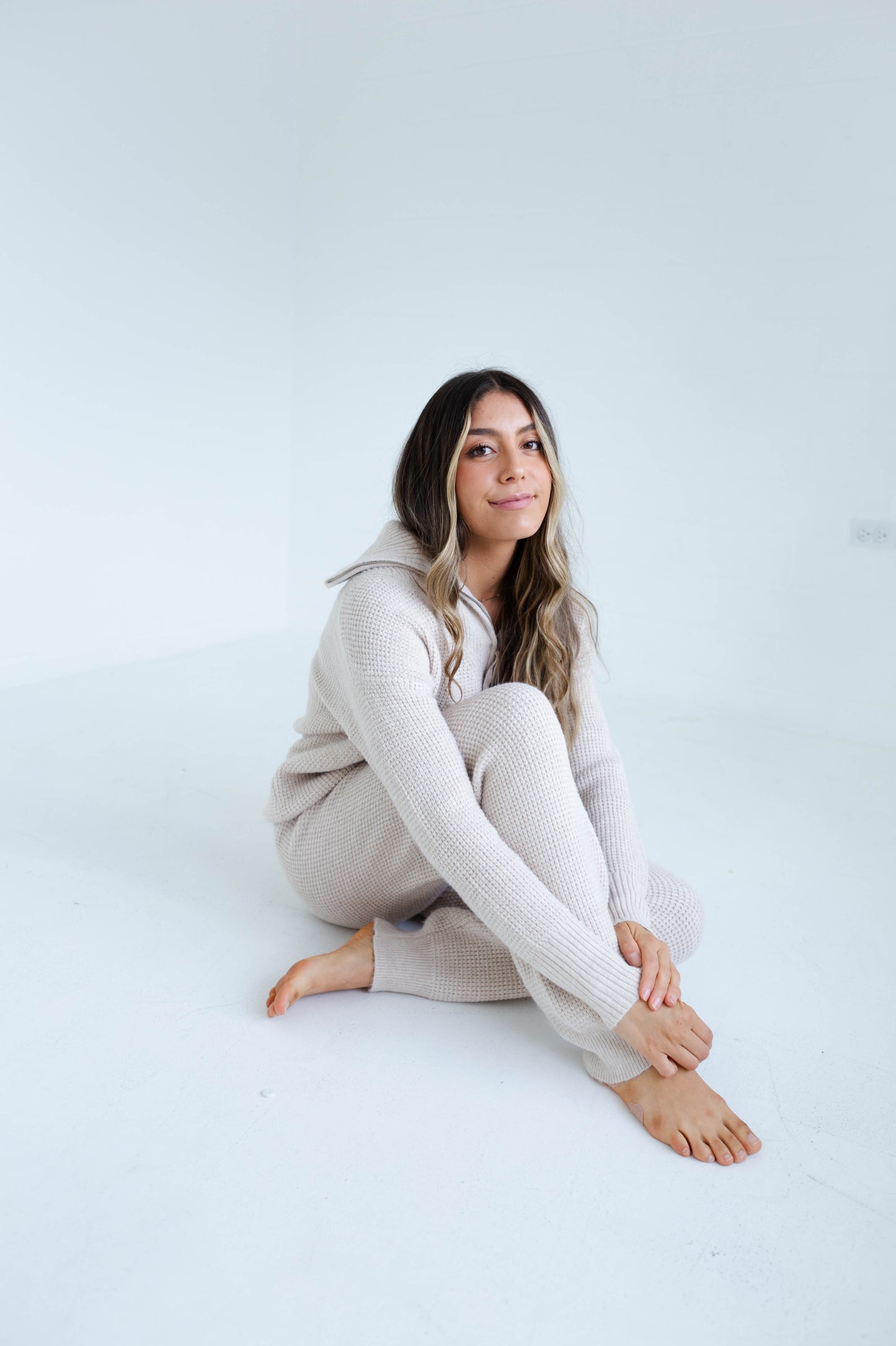 Oatmeal Waffle Sweater Jogger and Half Zip Sweater Set