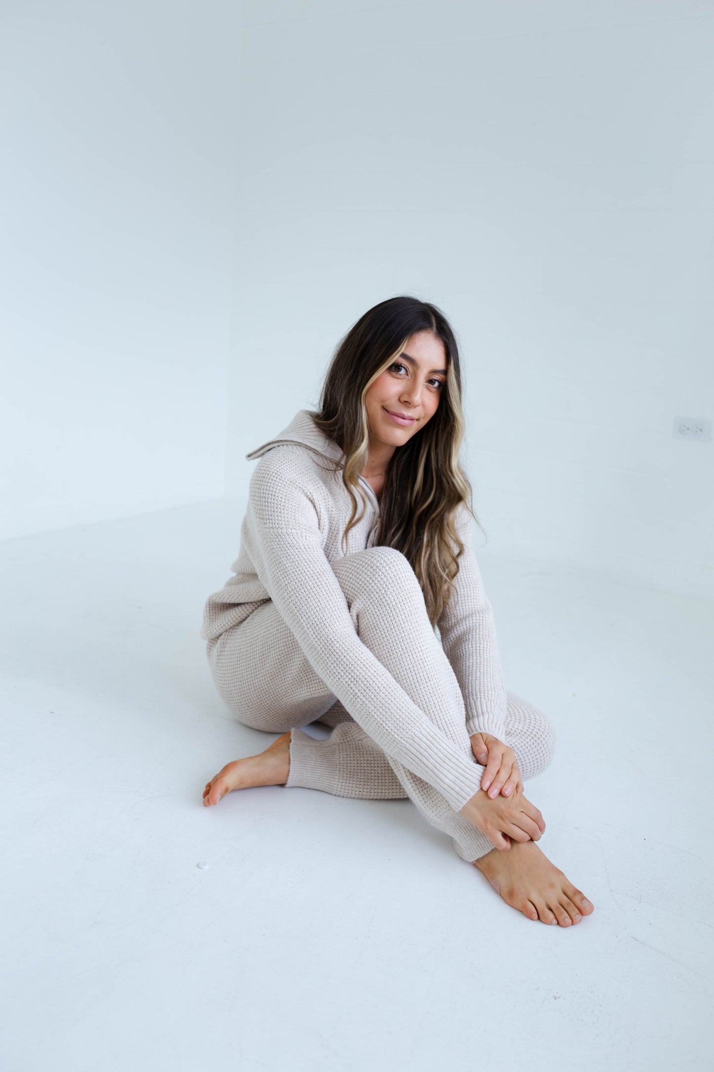 Oatmeal Waffle Sweater Jogger and Half Zip Sweater Set