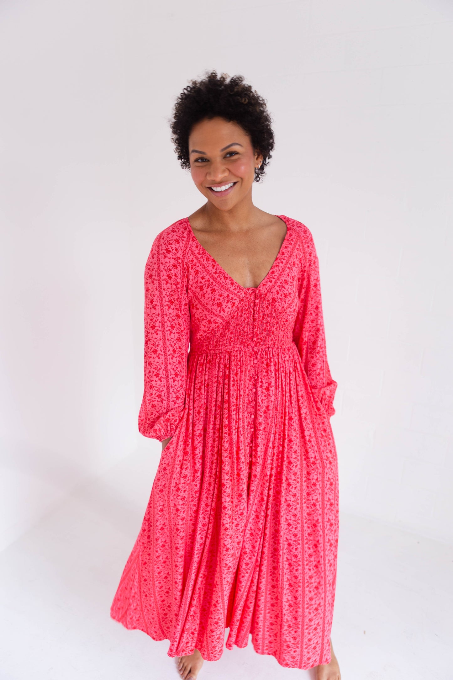 Cherry Smocked Button Down Maxi Dress