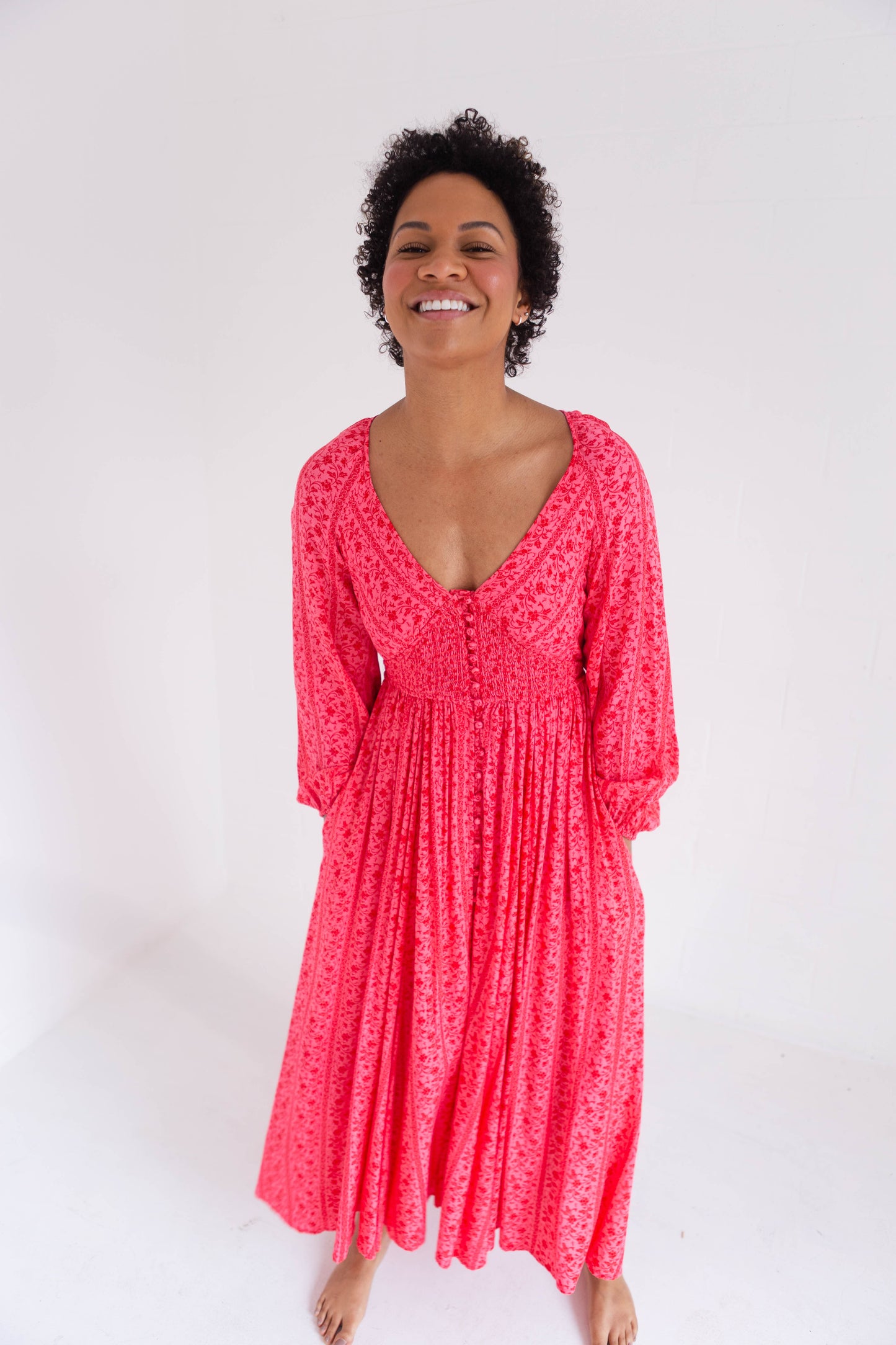 Cherry Smocked Button Down Maxi Dress