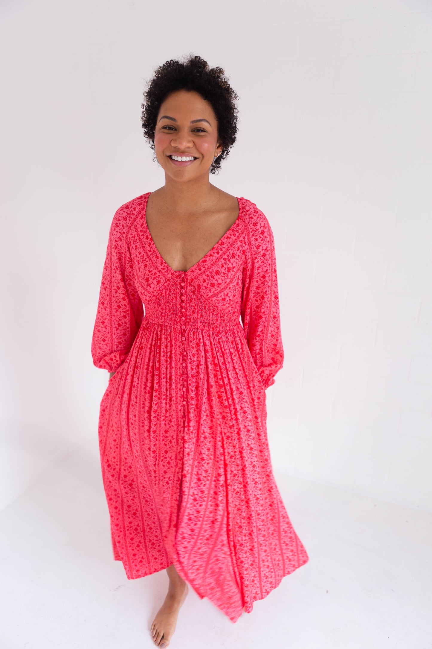 Cherry Smocked Button Down Maxi Dress