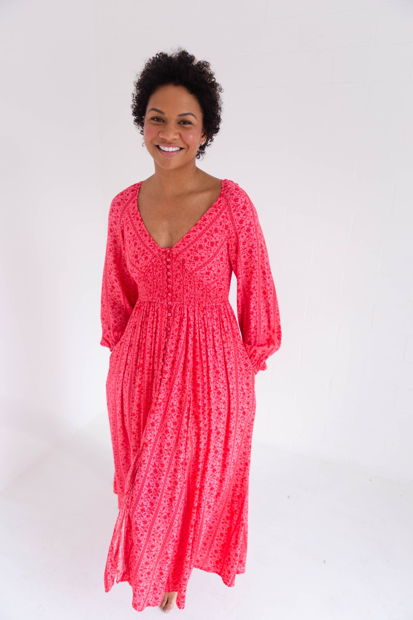 Cherry Smocked Button Down Maxi Dress