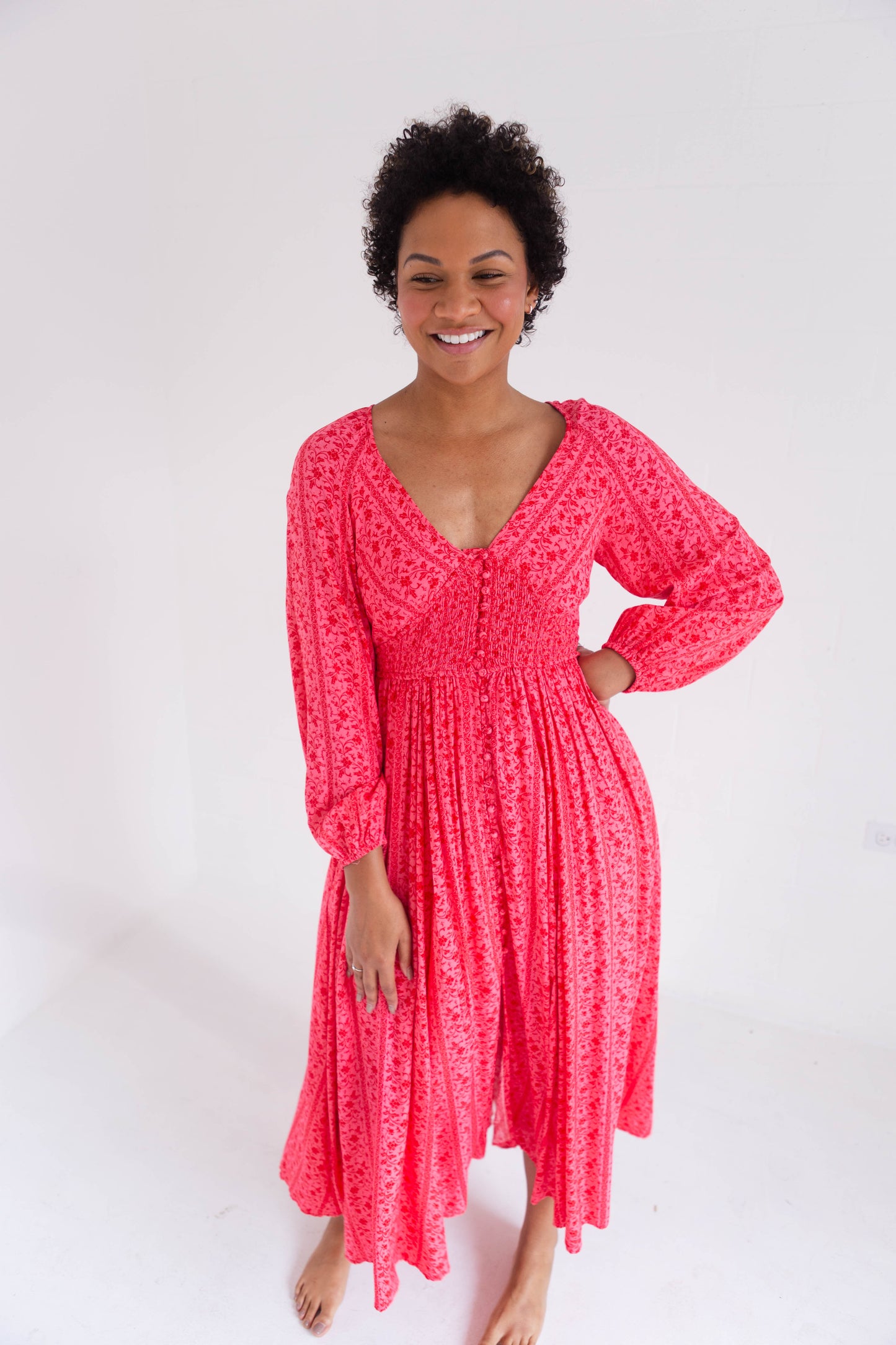 Cherry Smocked Button Down Maxi Dress