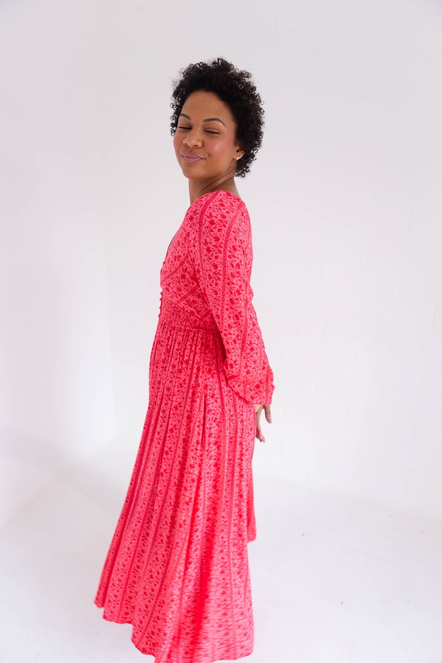 Cherry Smocked Button Down Maxi Dress