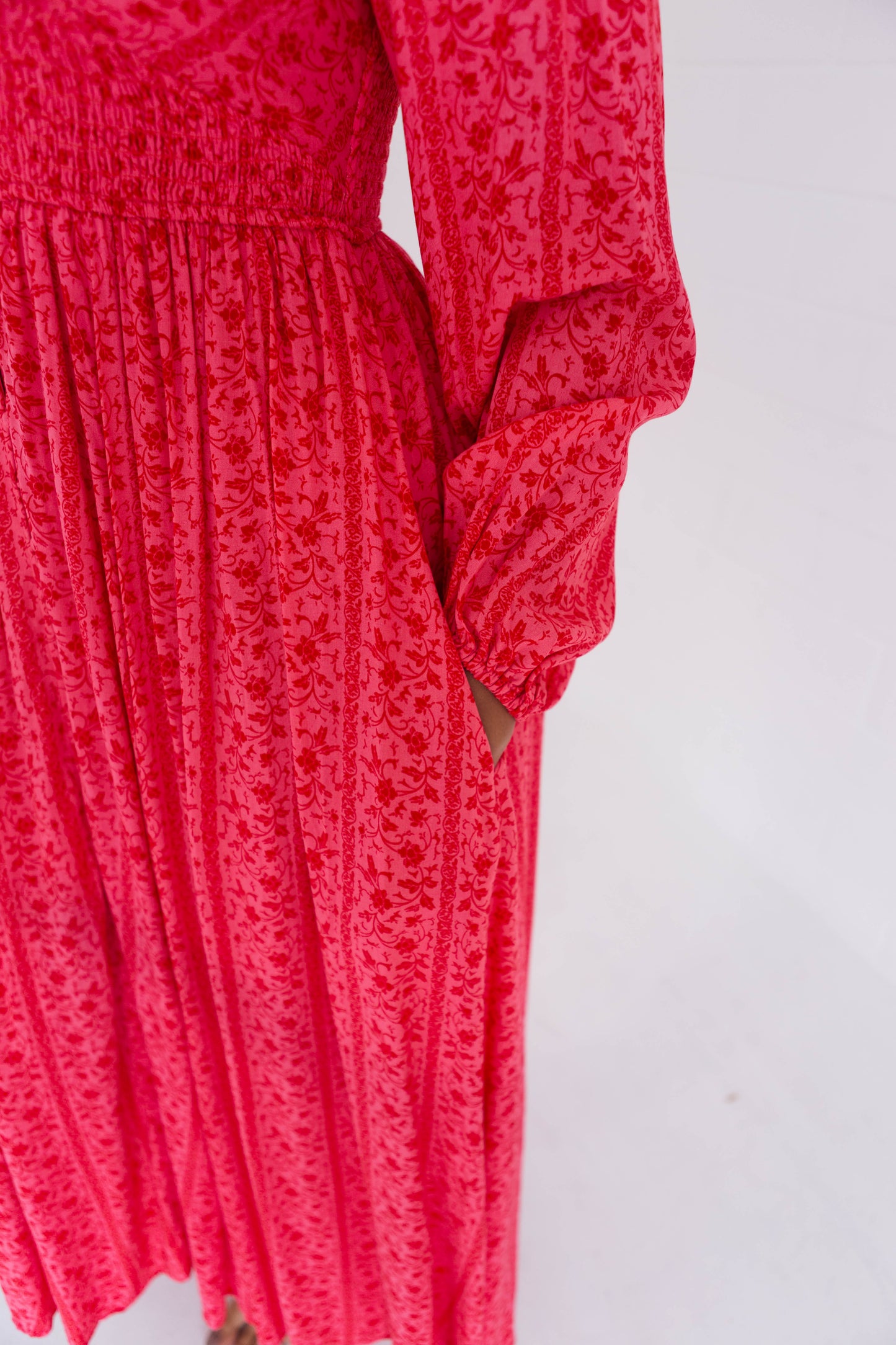 Cherry Smocked Button Down Maxi Dress
