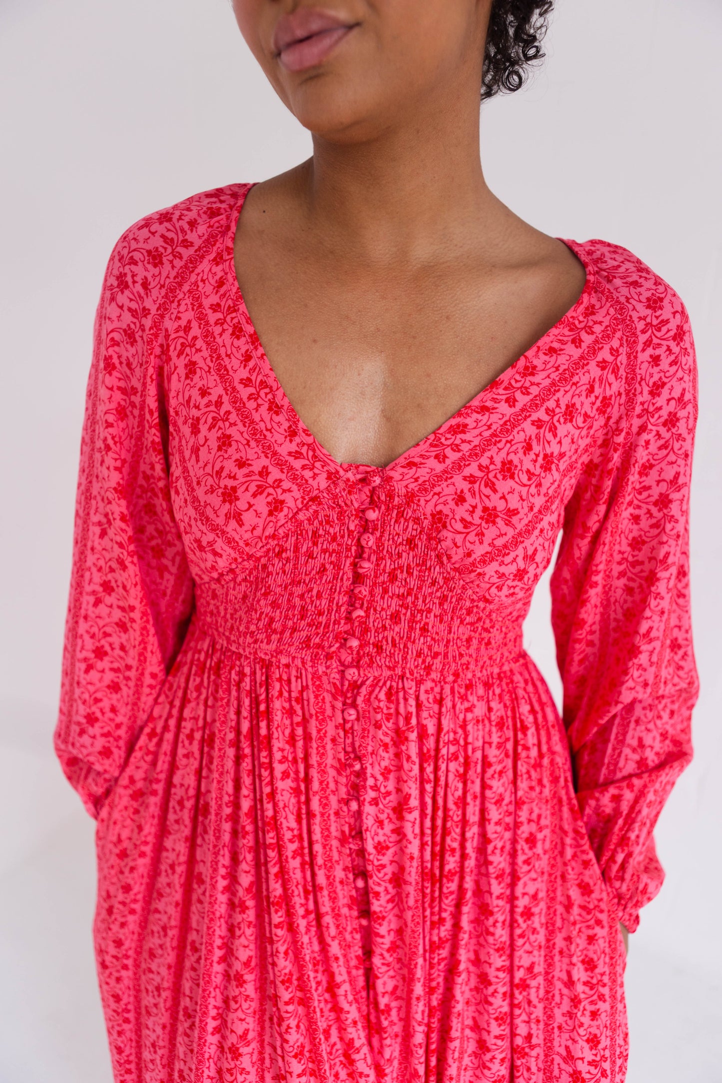 Cherry Smocked Button Down Maxi Dress