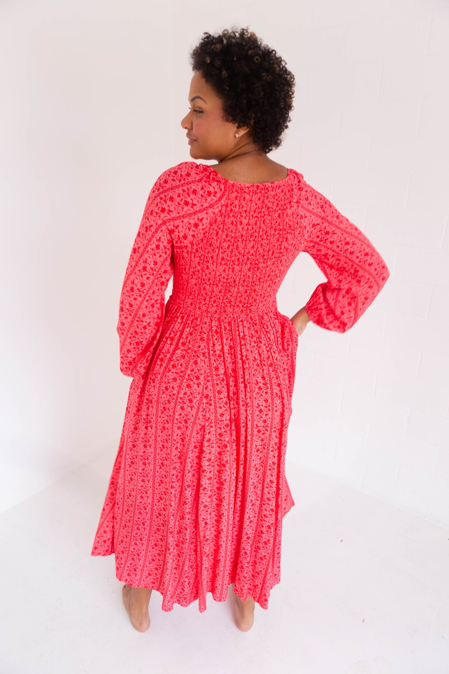 Cherry Smocked Button Down Maxi Dress