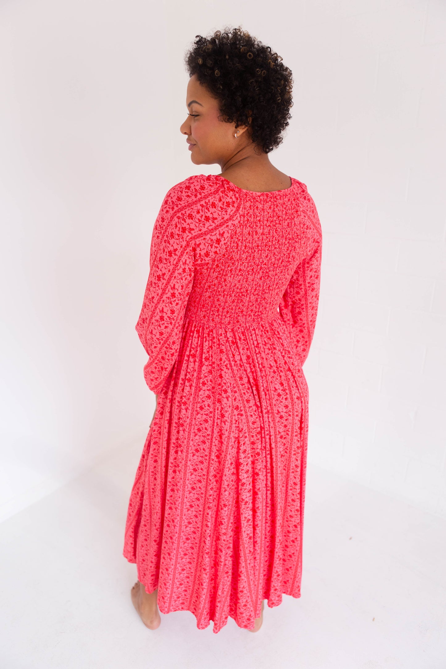 Cherry Smocked Button Down Maxi Dress