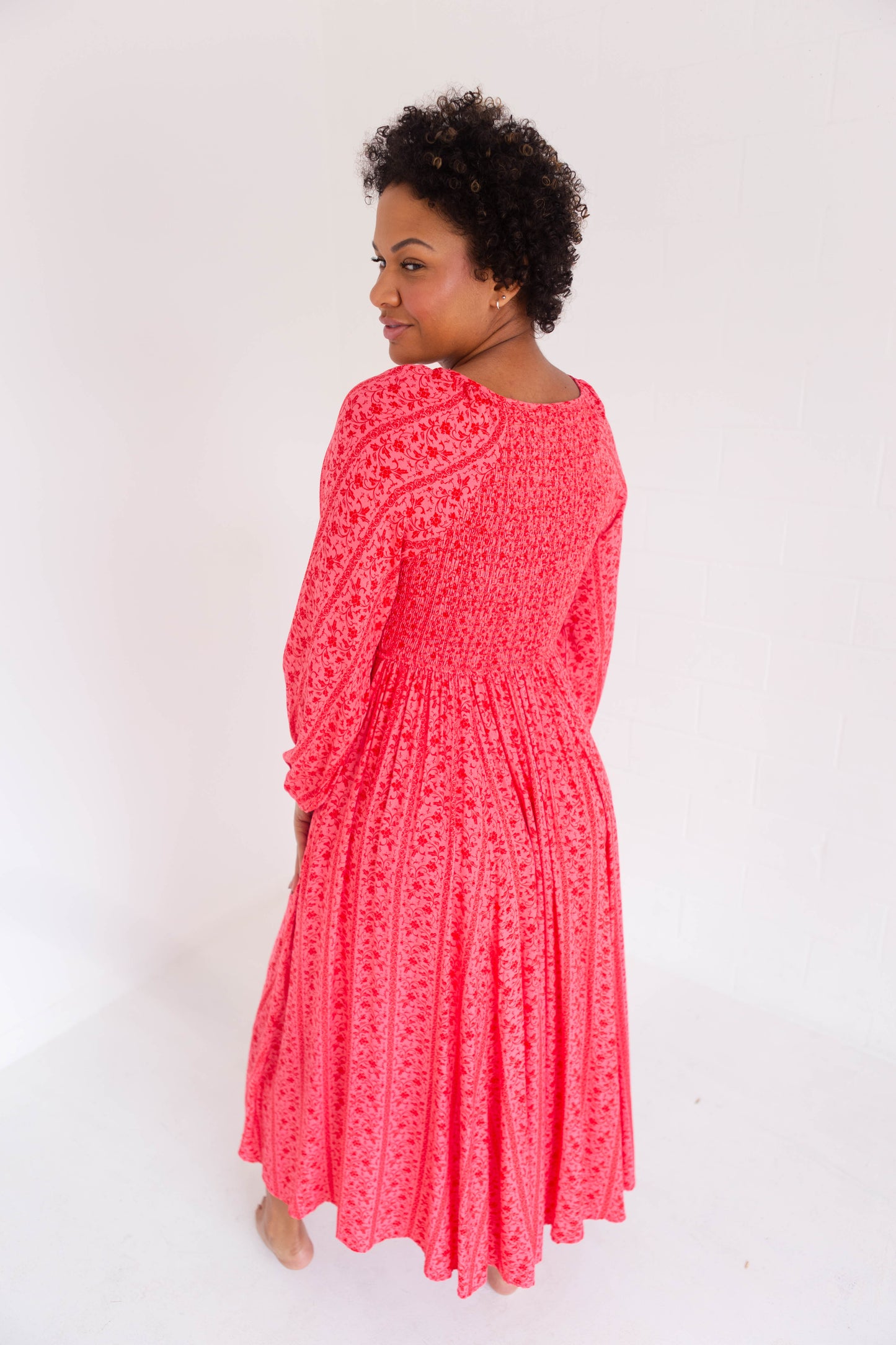 Cherry Smocked Button Down Maxi Dress