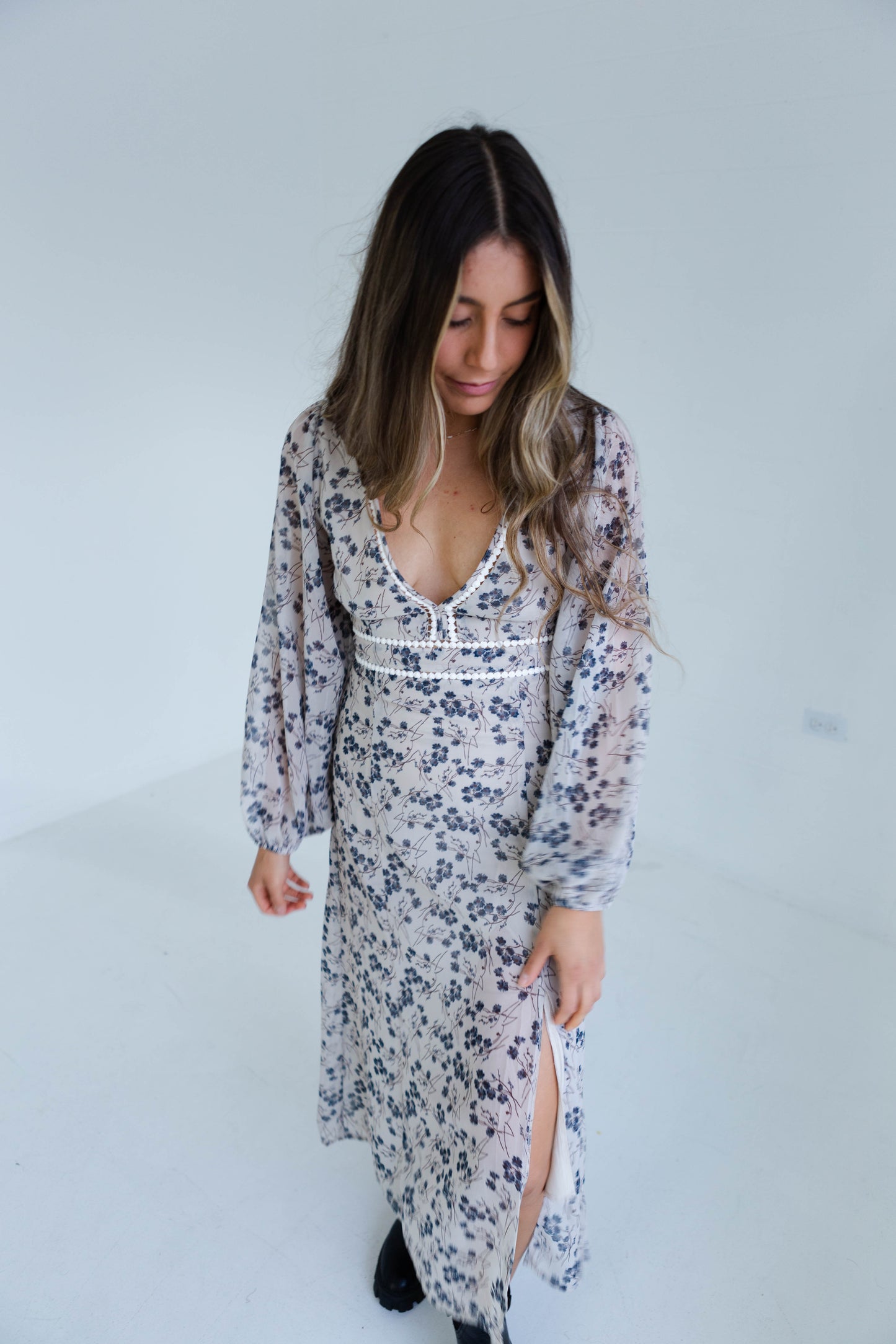 Wheat Floral Long Sleeve Midi Dress