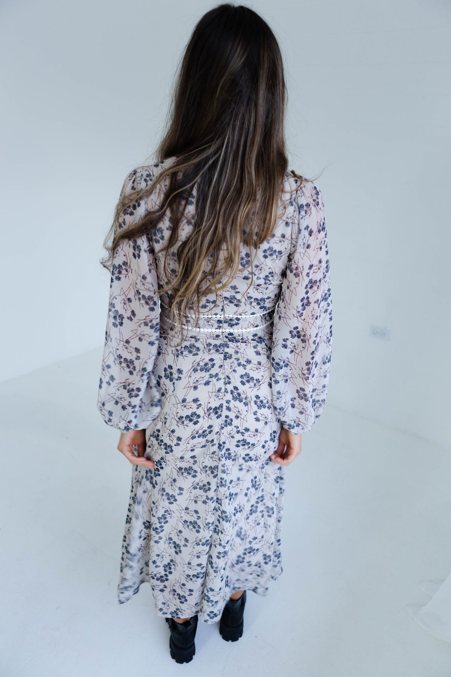 Wheat Floral Long Sleeve Midi Dress