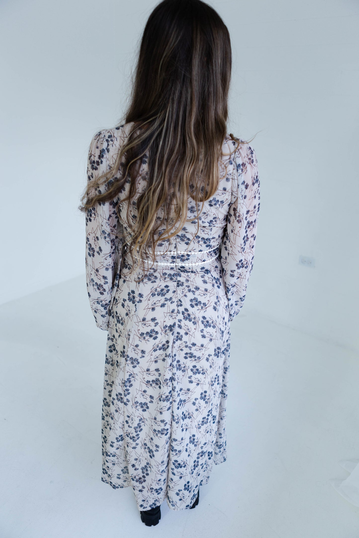 Wheat Floral Long Sleeve Midi Dress