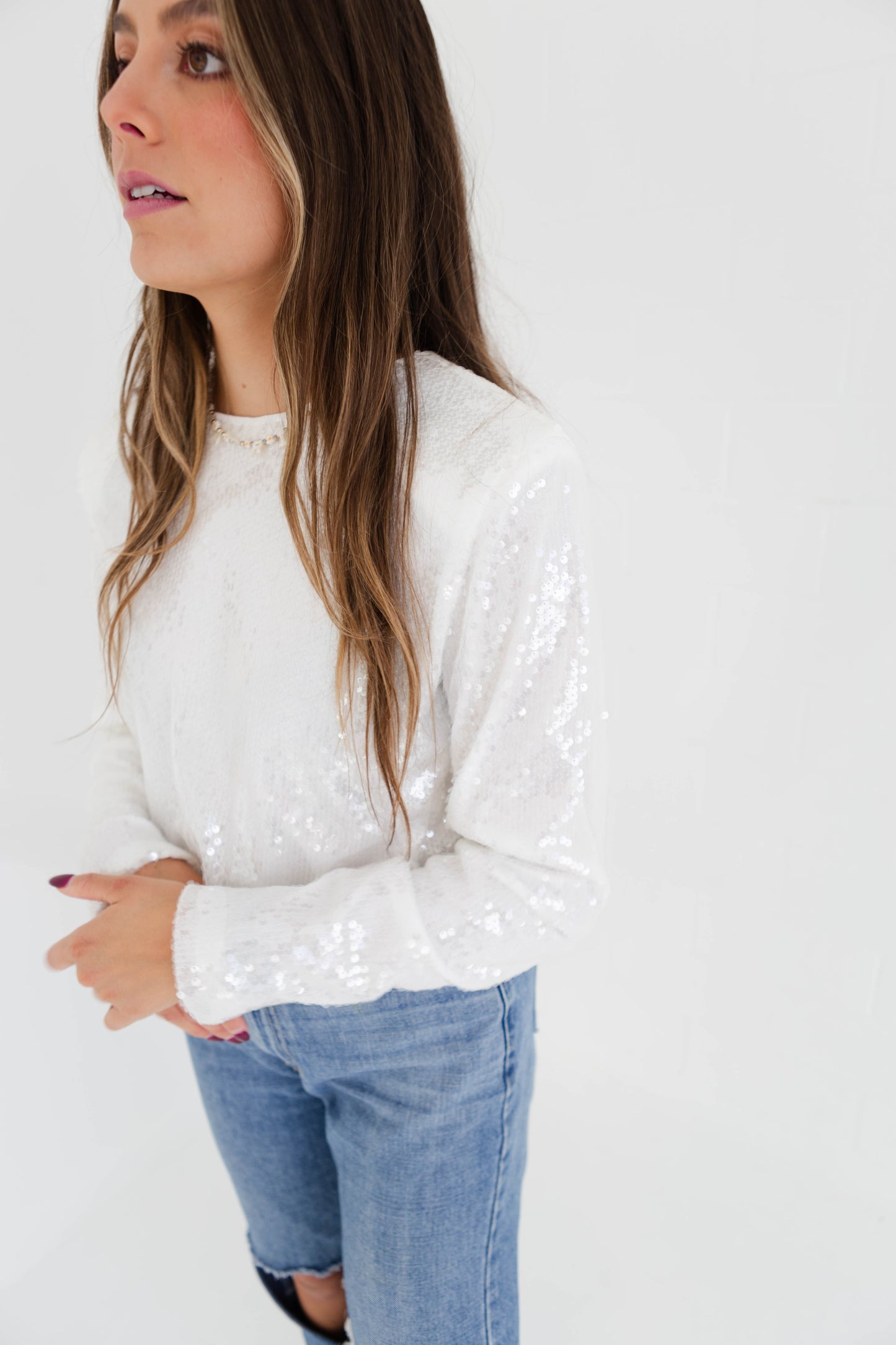 White Sequin Shoulder Paded Crop Top