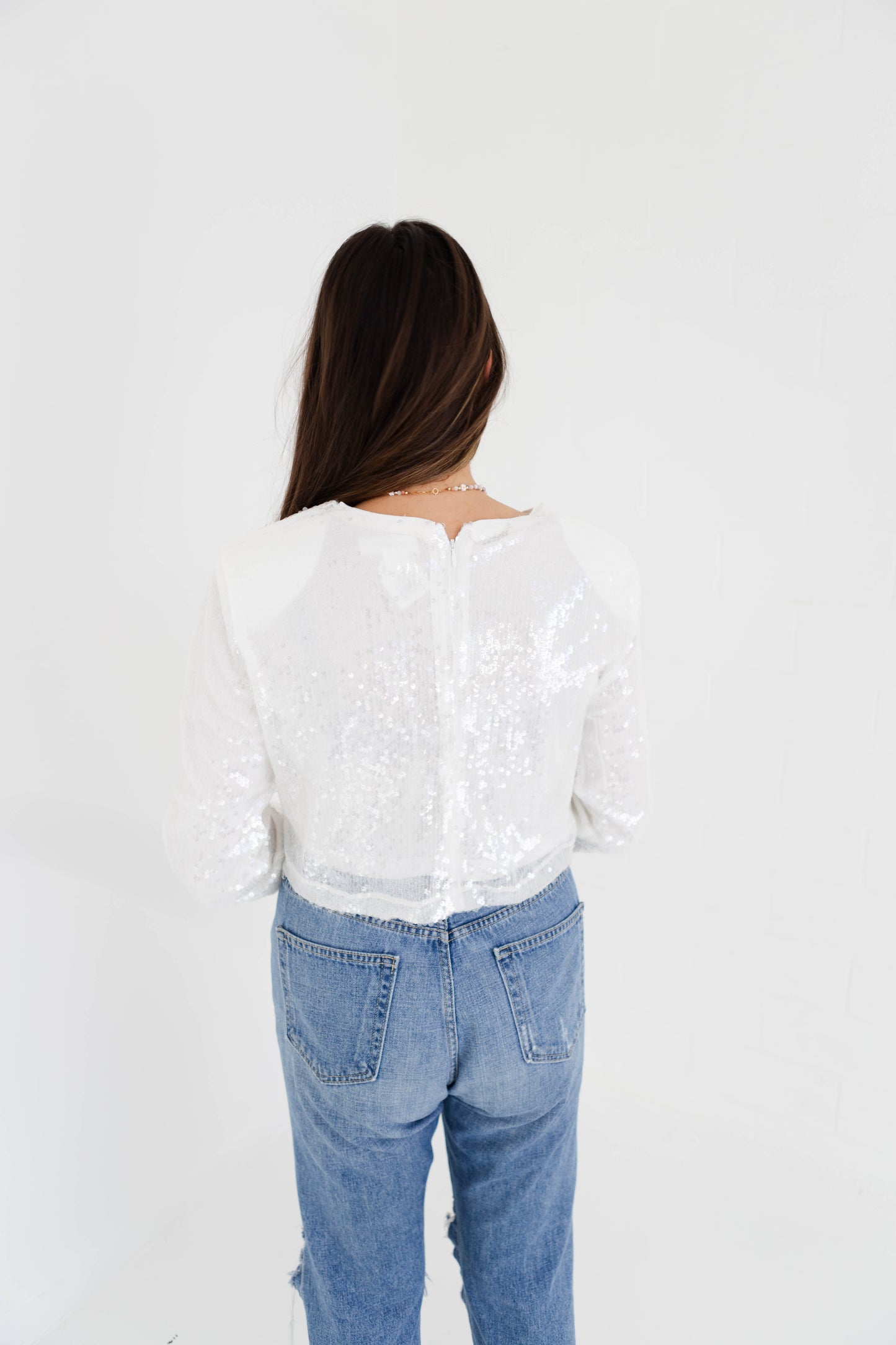 White Sequin Shoulder Paded Crop Top