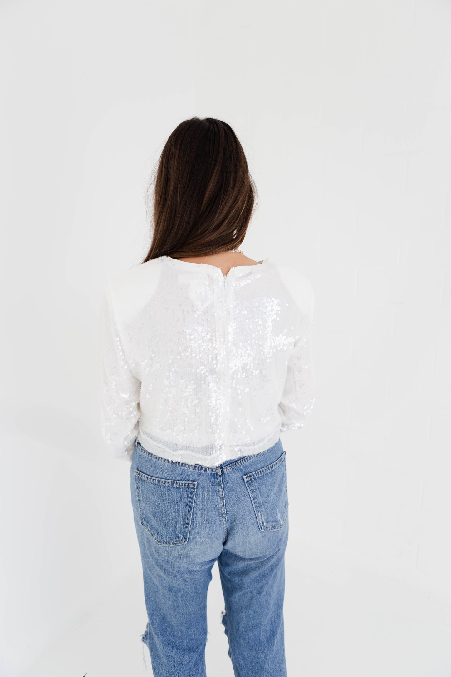 White Sequin Shoulder Paded Crop Top