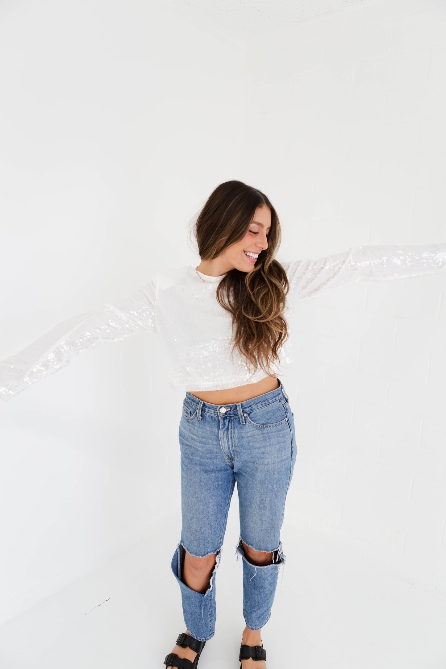 White Sequin Shoulder Paded Crop Top