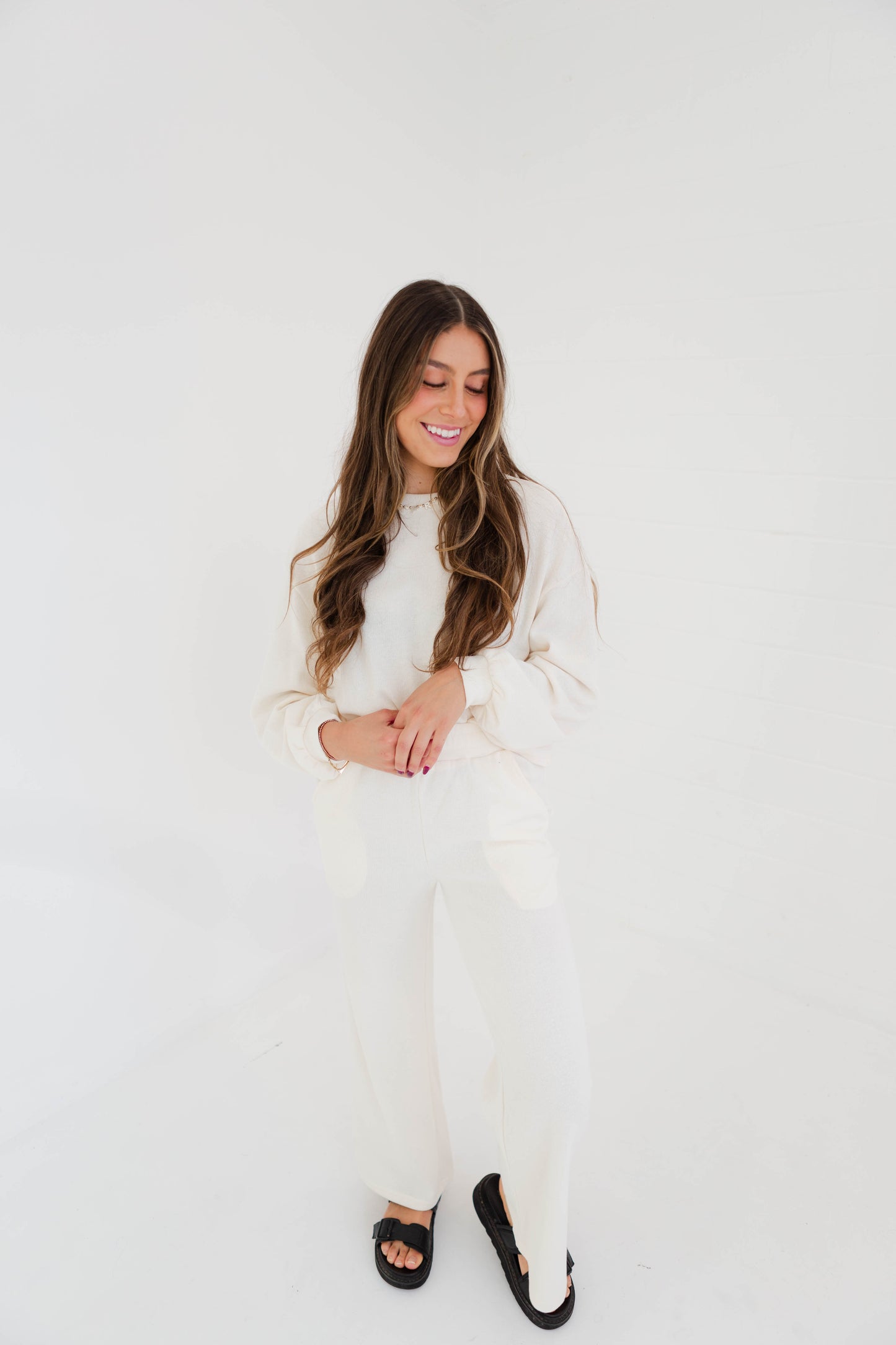 Cream Knit Sweat Top & Wide Leg Pants Set