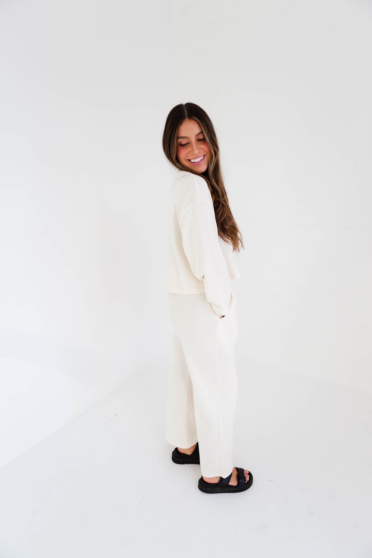 Cream Knit Sweat Top & Wide Leg Pants Set