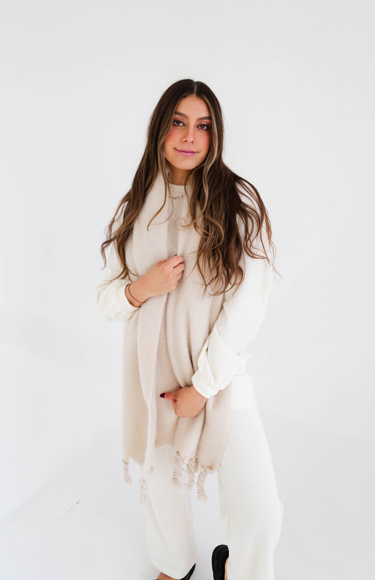 Cream Knit Sweat Top & Wide Leg Pants Set