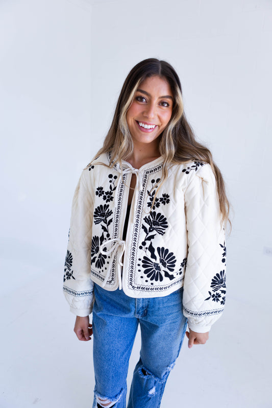 Light Taupe Embroidered Quilted Jacket