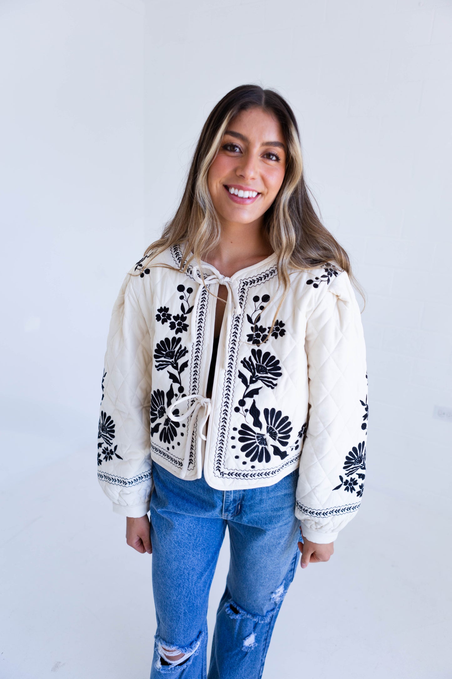Light Taupe Embroidered Quilted Jacket