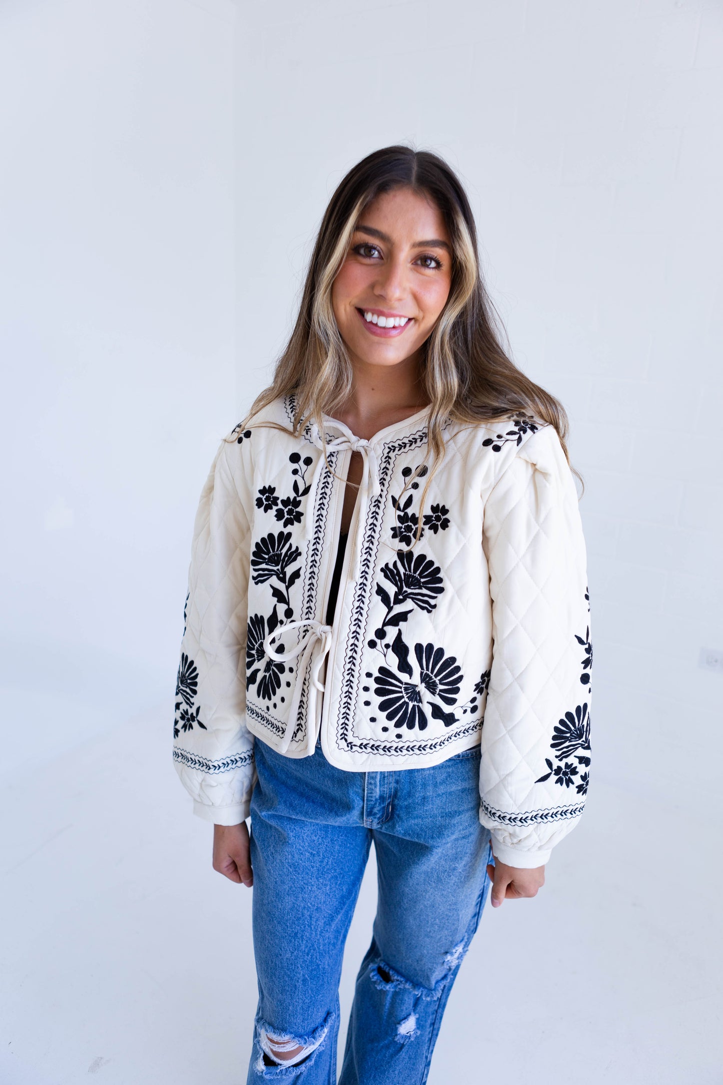 Light Taupe Embroidered Quilted Jacket