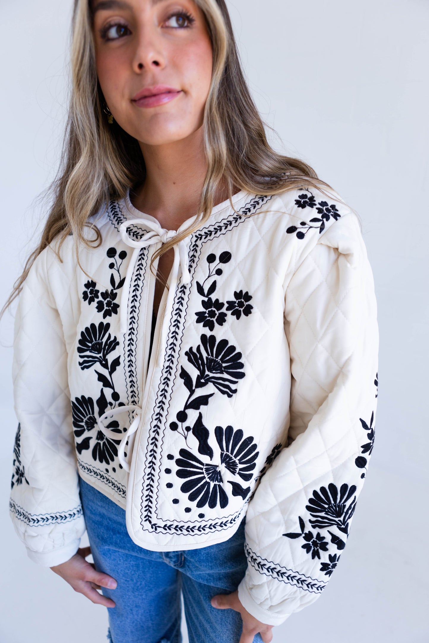 Light Taupe Embroidered Quilted Jacket
