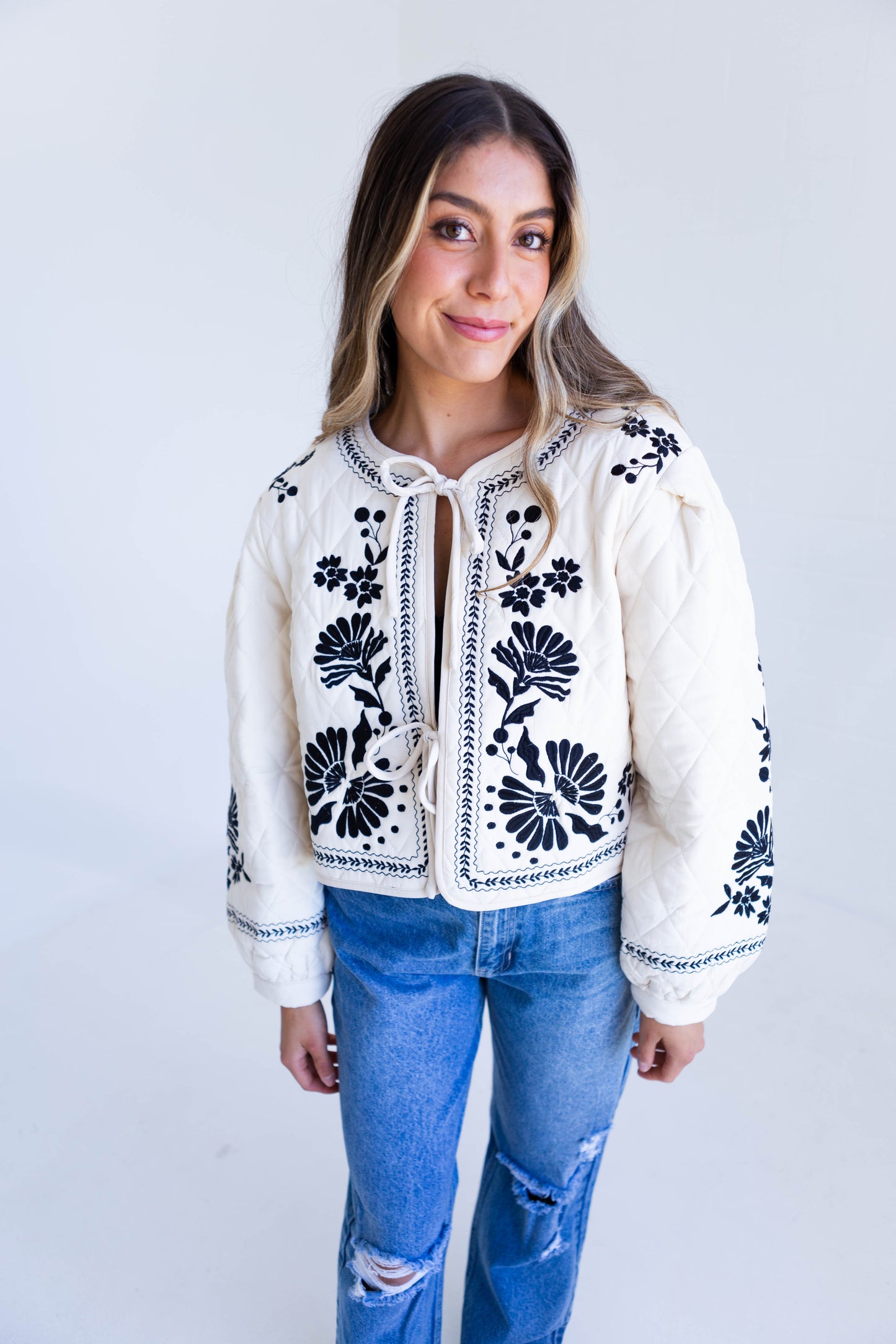 Light Taupe Embroidered Quilted Jacket