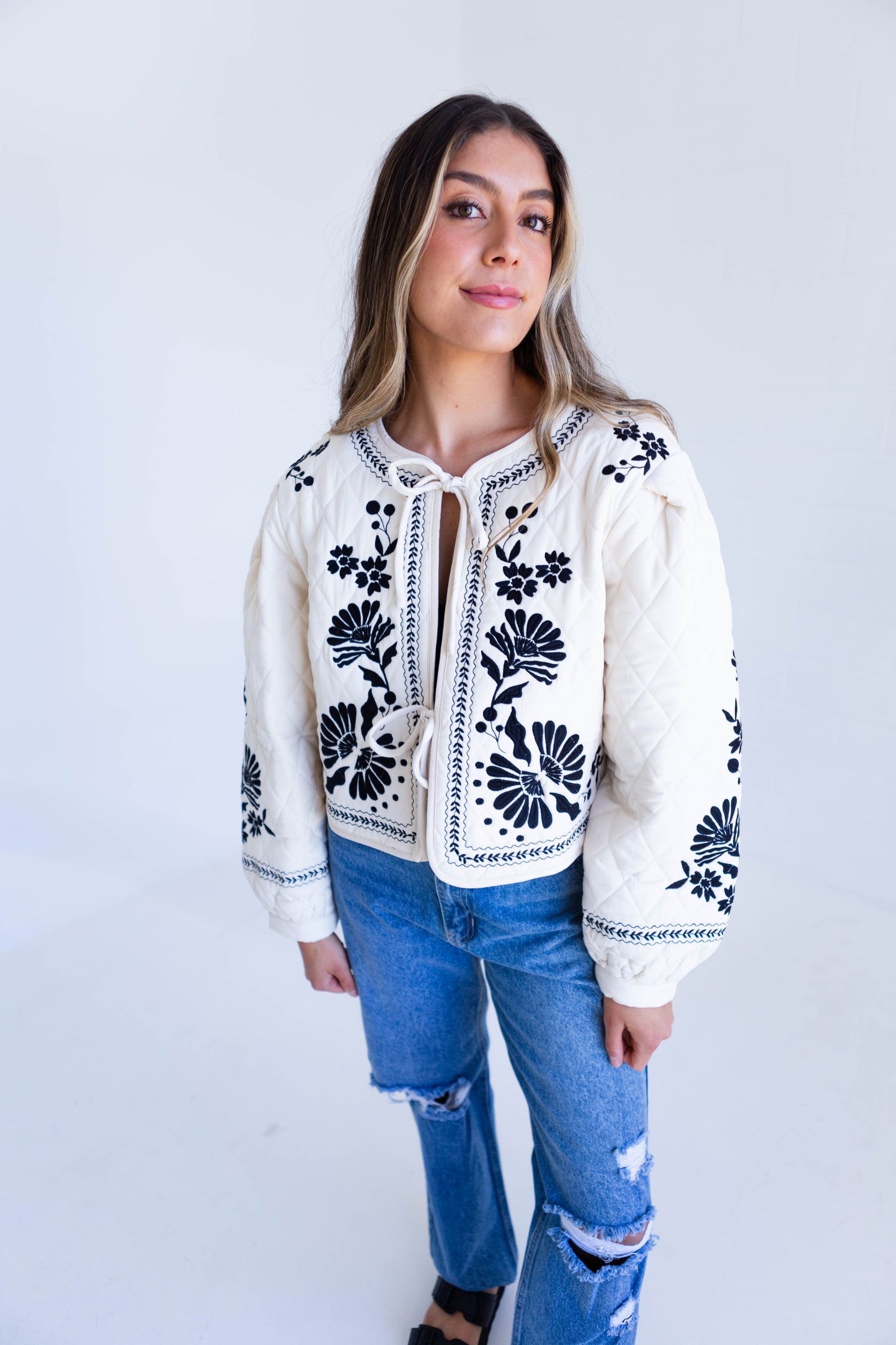 Light Taupe Embroidered Quilted Jacket