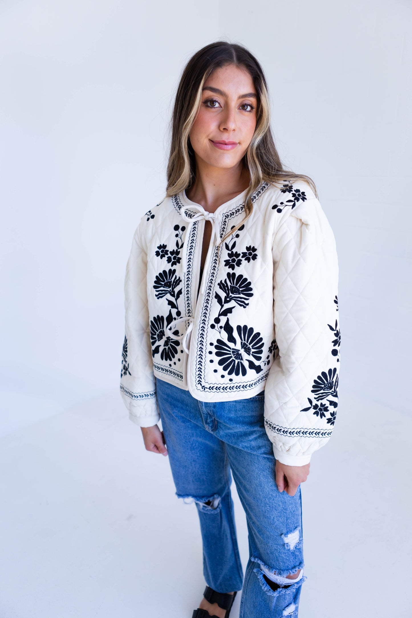 Light Taupe Embroidered Quilted Jacket