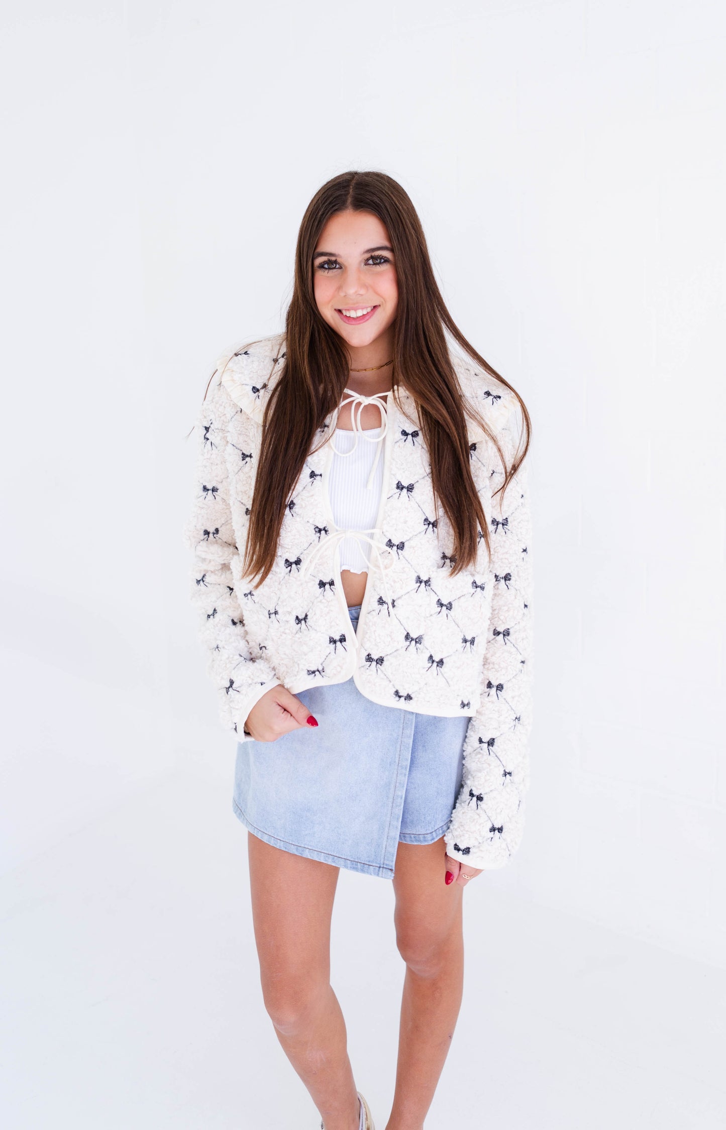 Cream Bow Embroidered Quilted Jacket