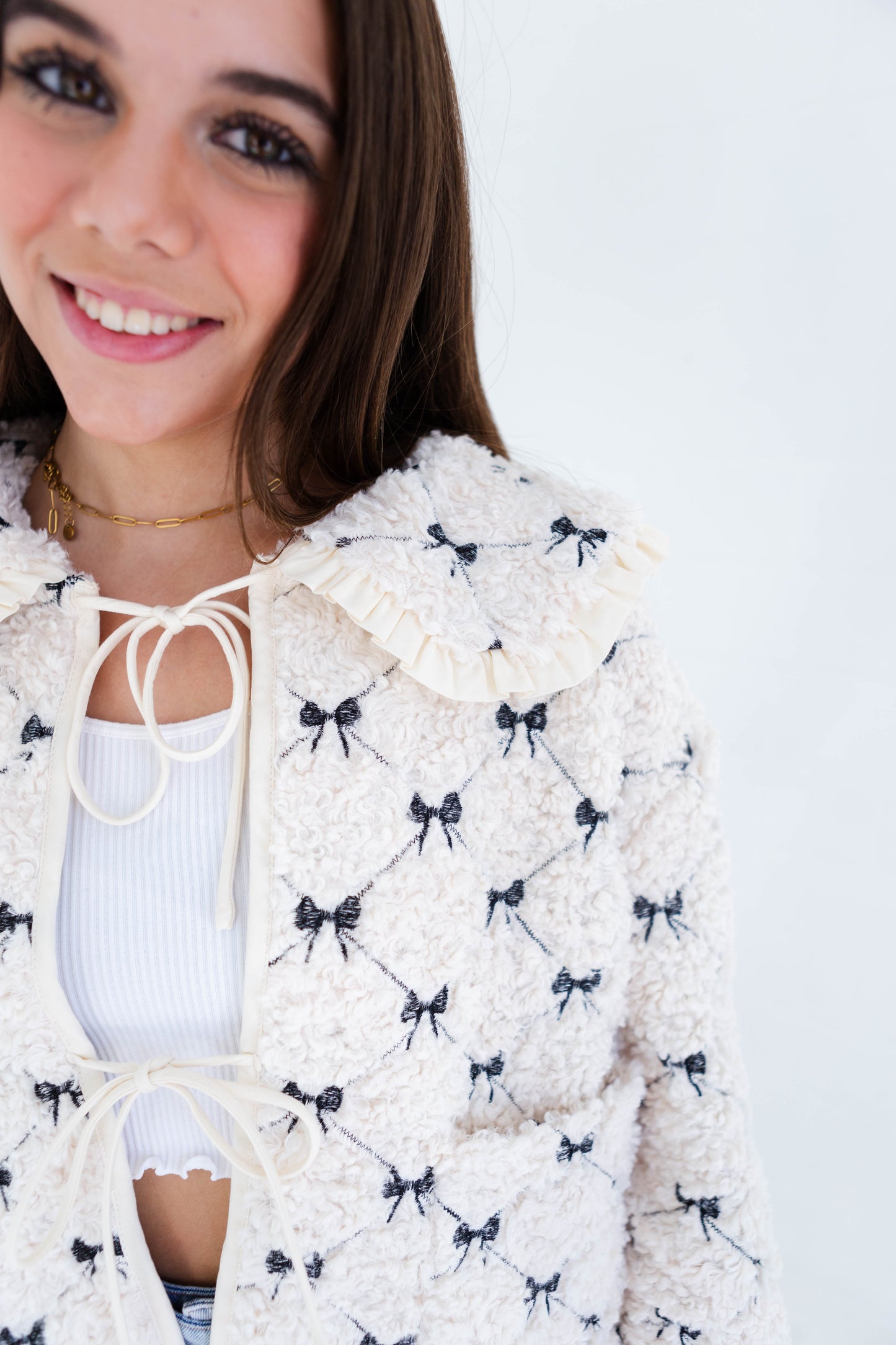Cream Bow Embroidered Quilted Jacket