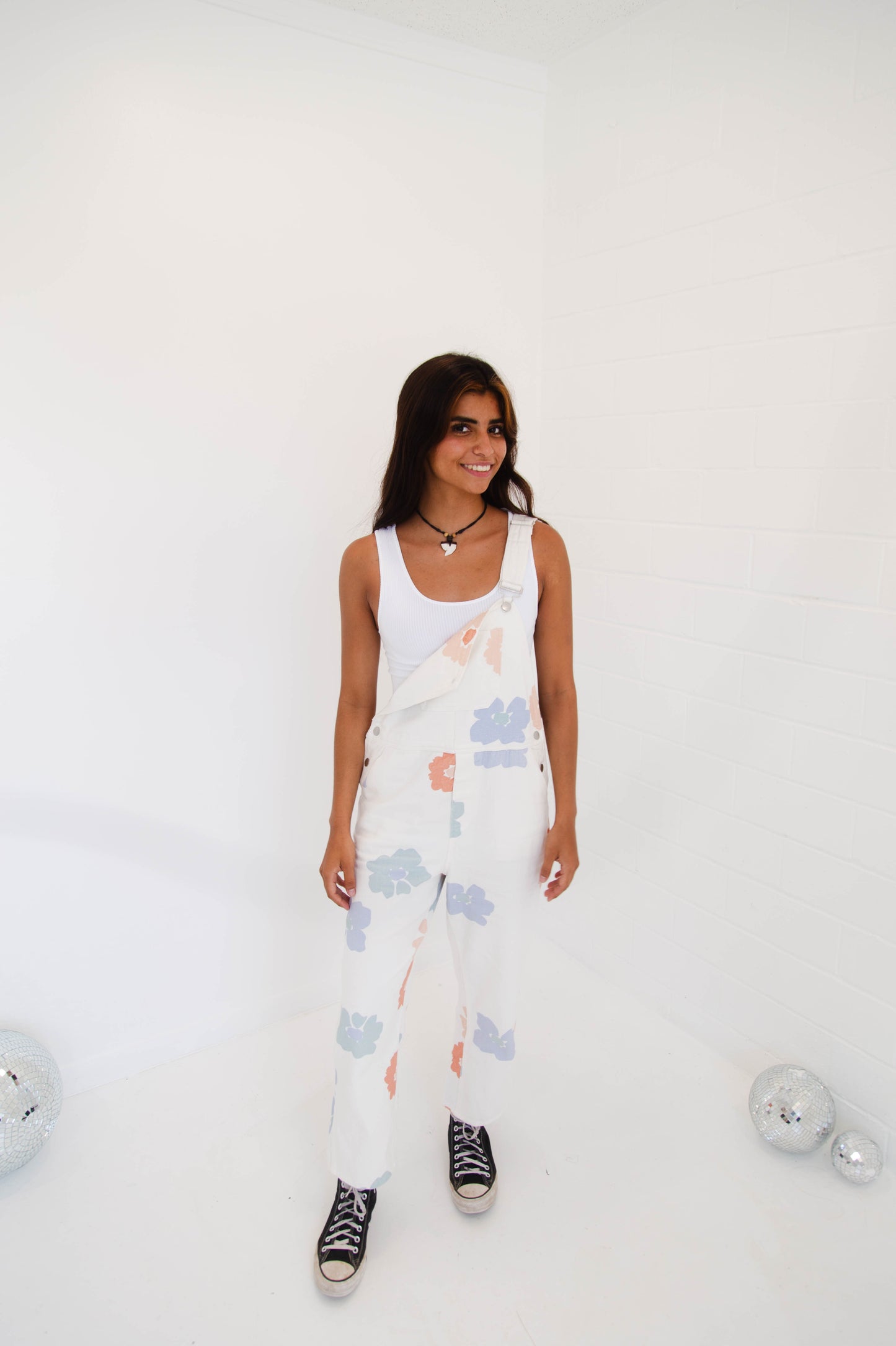 White Floral Stamped Overalls