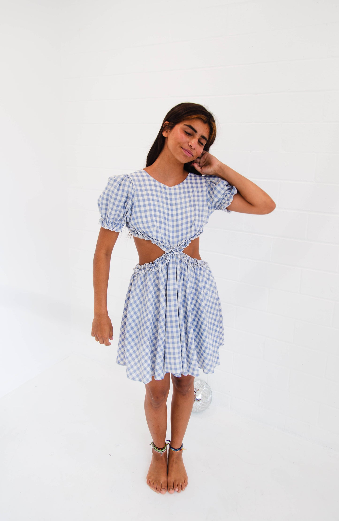 Blue Gingham Cut Out Waist Dress
