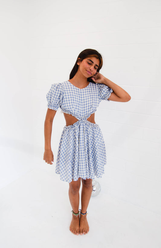 Blue Gingham Cut Out Waist Dress
