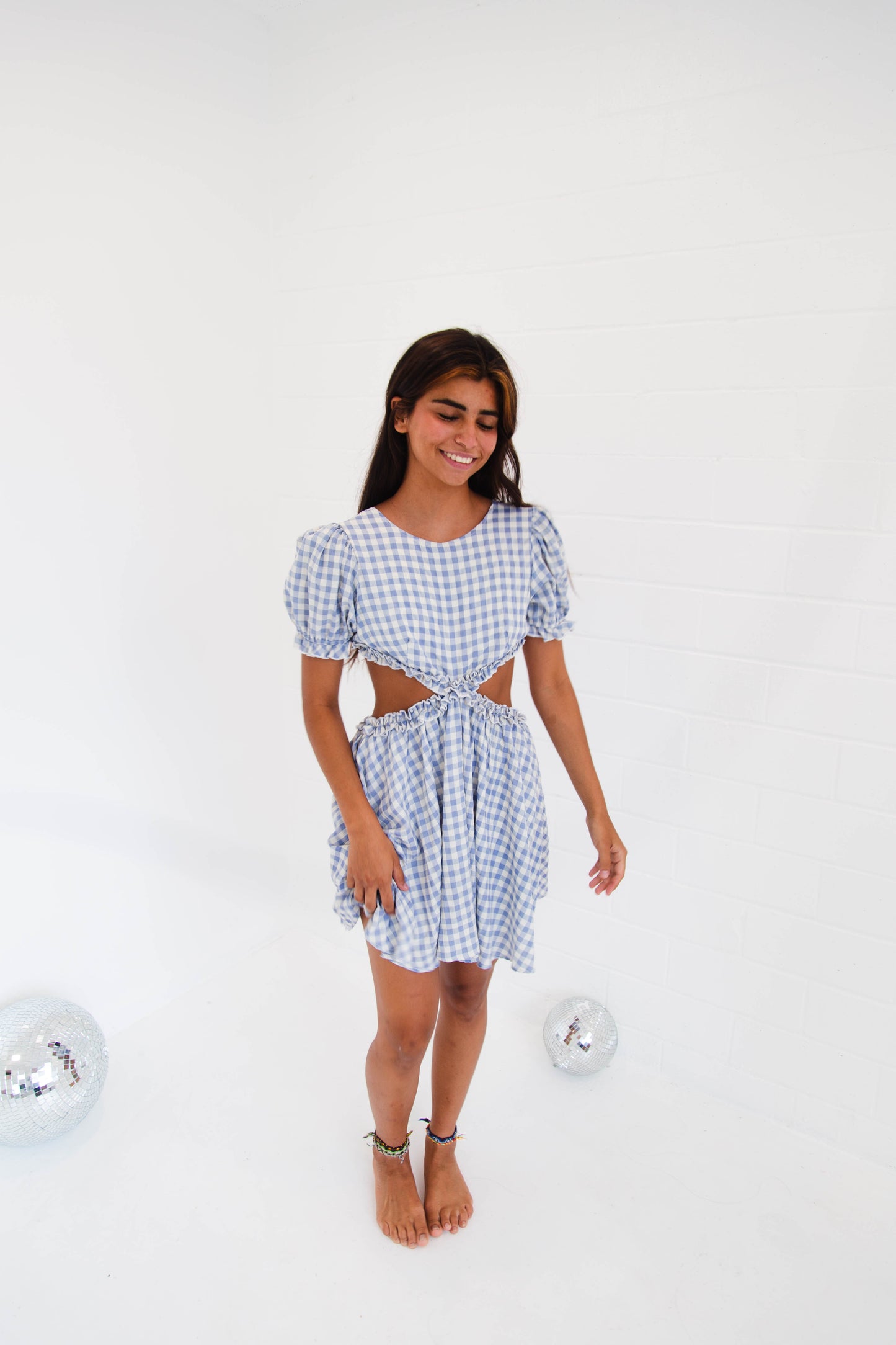 Blue Gingham Cut Out Waist Dress