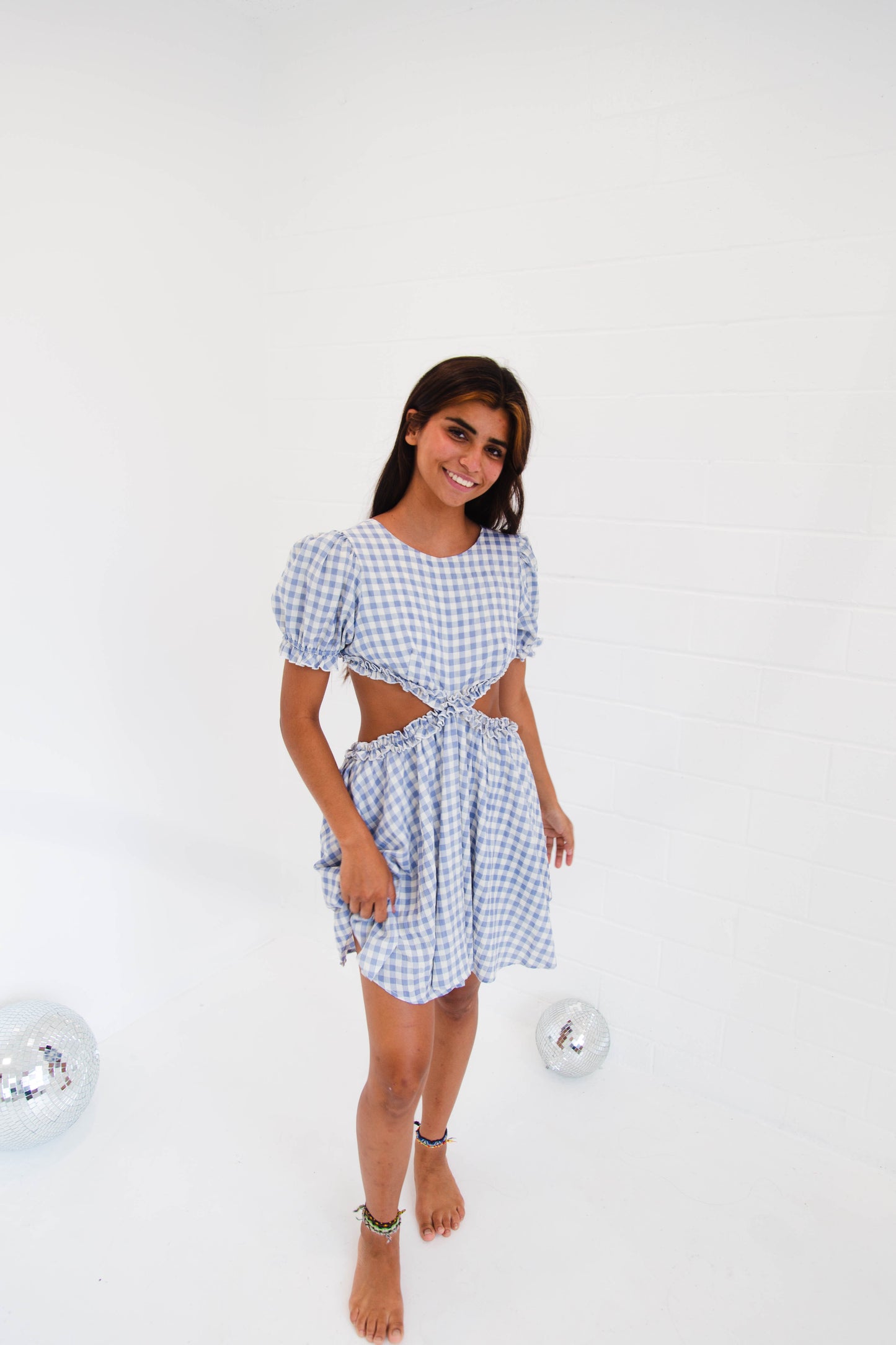 Blue Gingham Cut Out Waist Dress