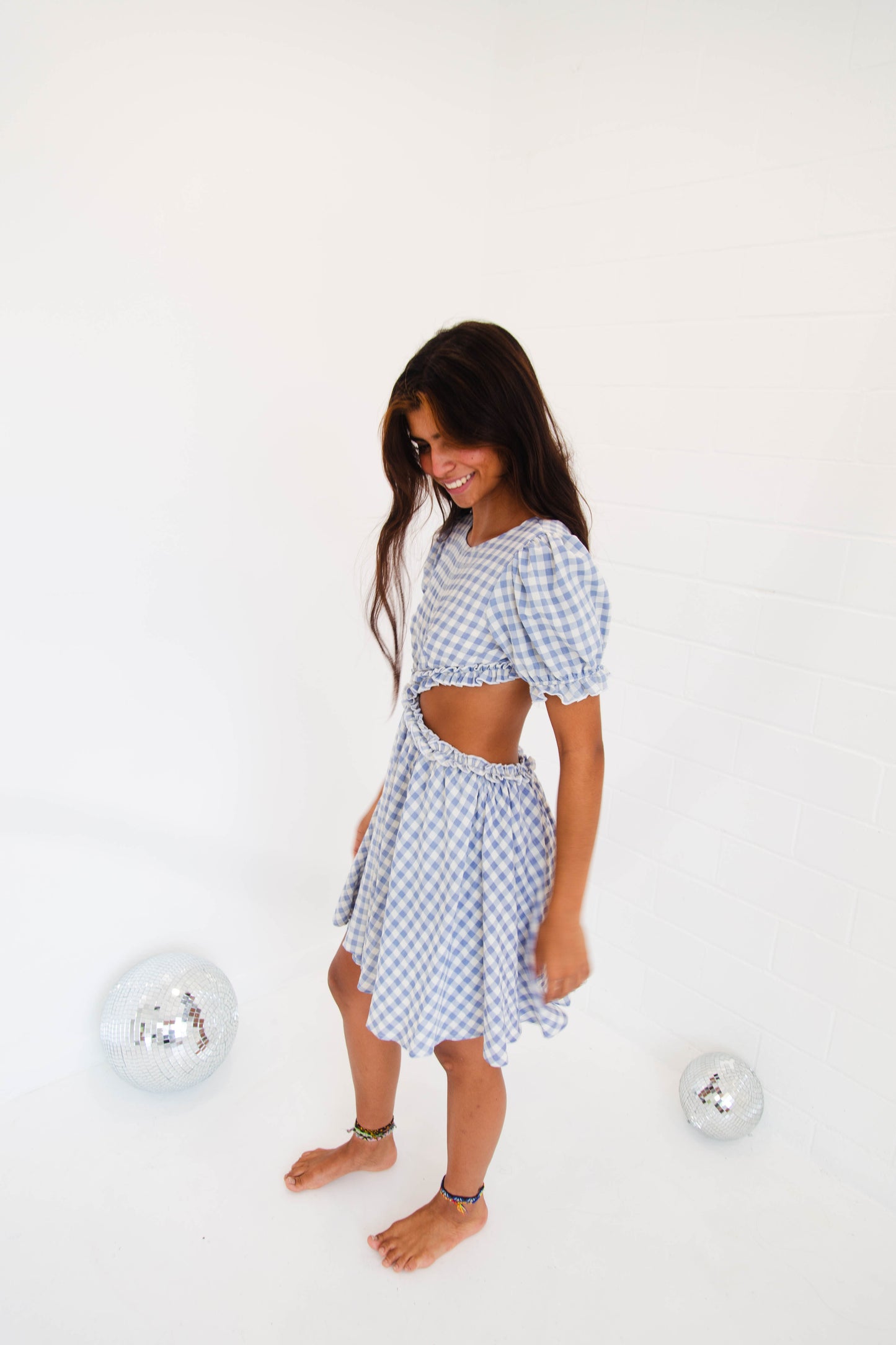 Blue Gingham Cut Out Waist Dress