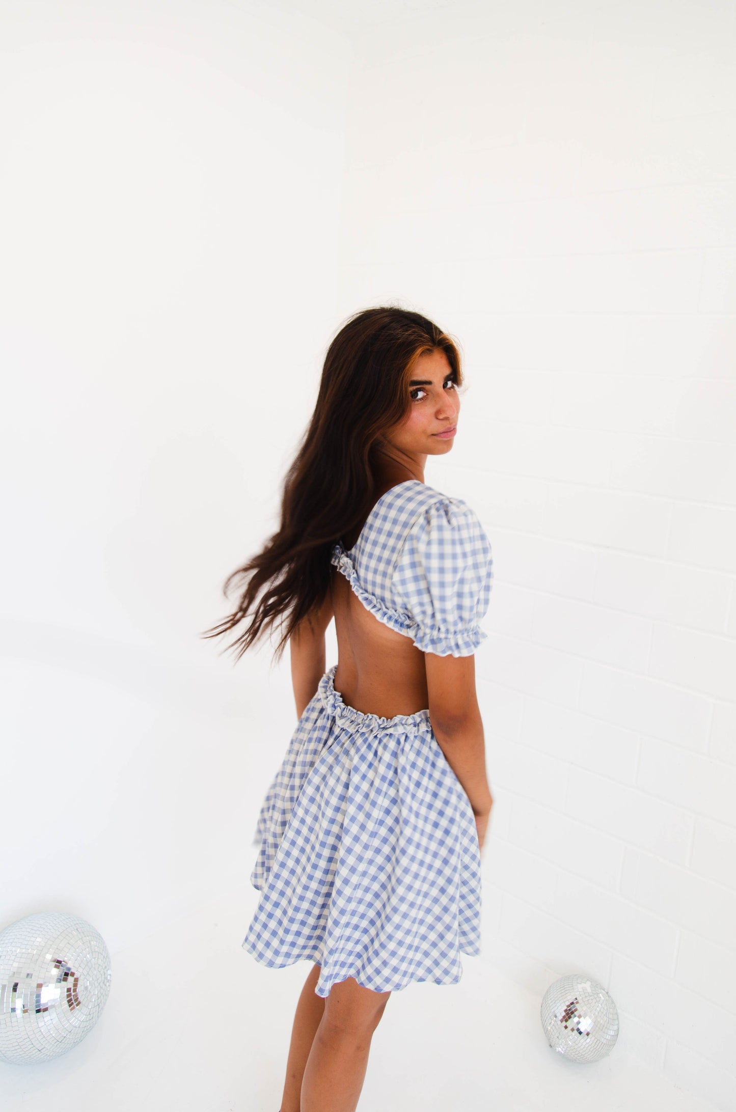 Blue Gingham Cut Out Waist Dress