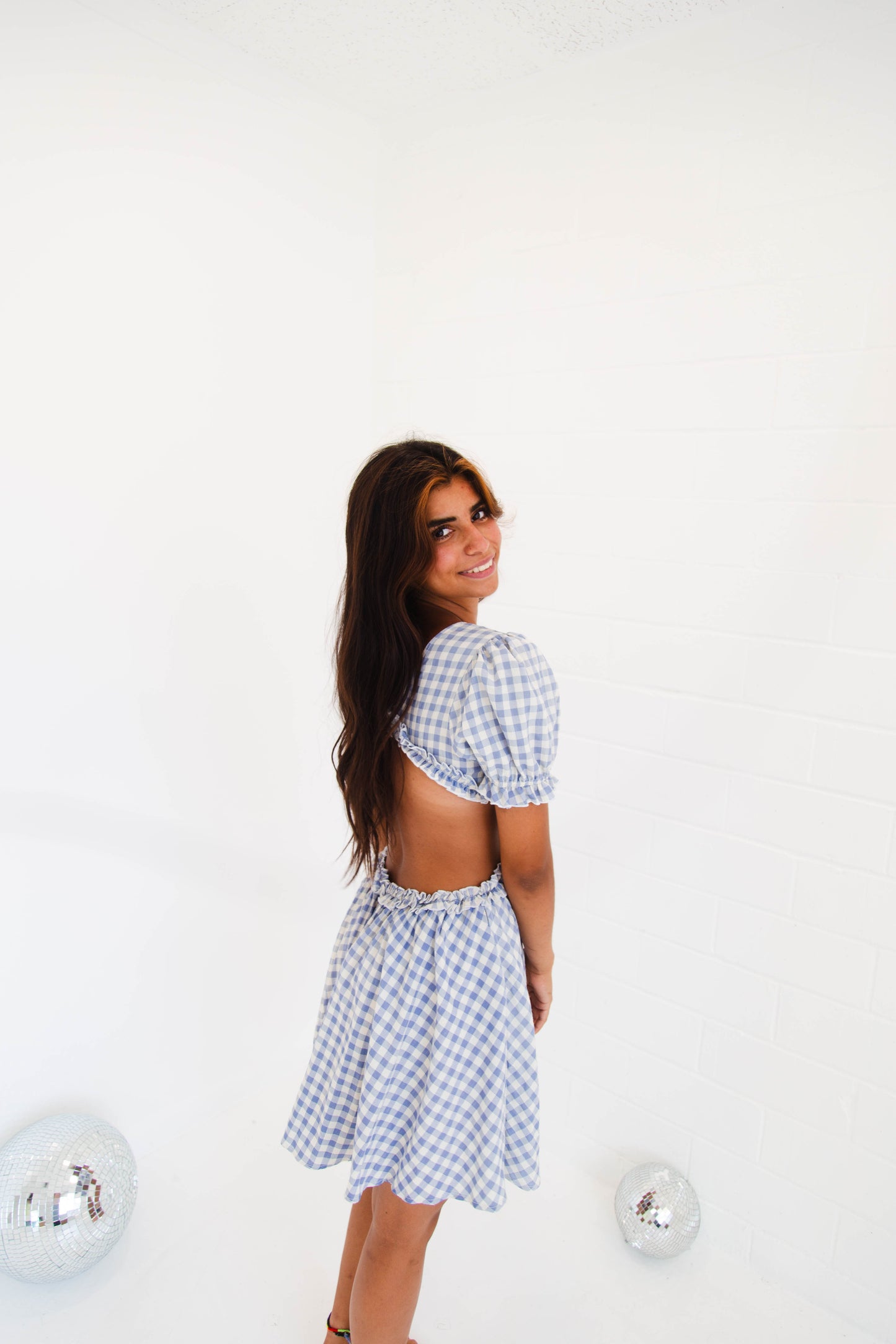 Blue Gingham Cut Out Waist Dress
