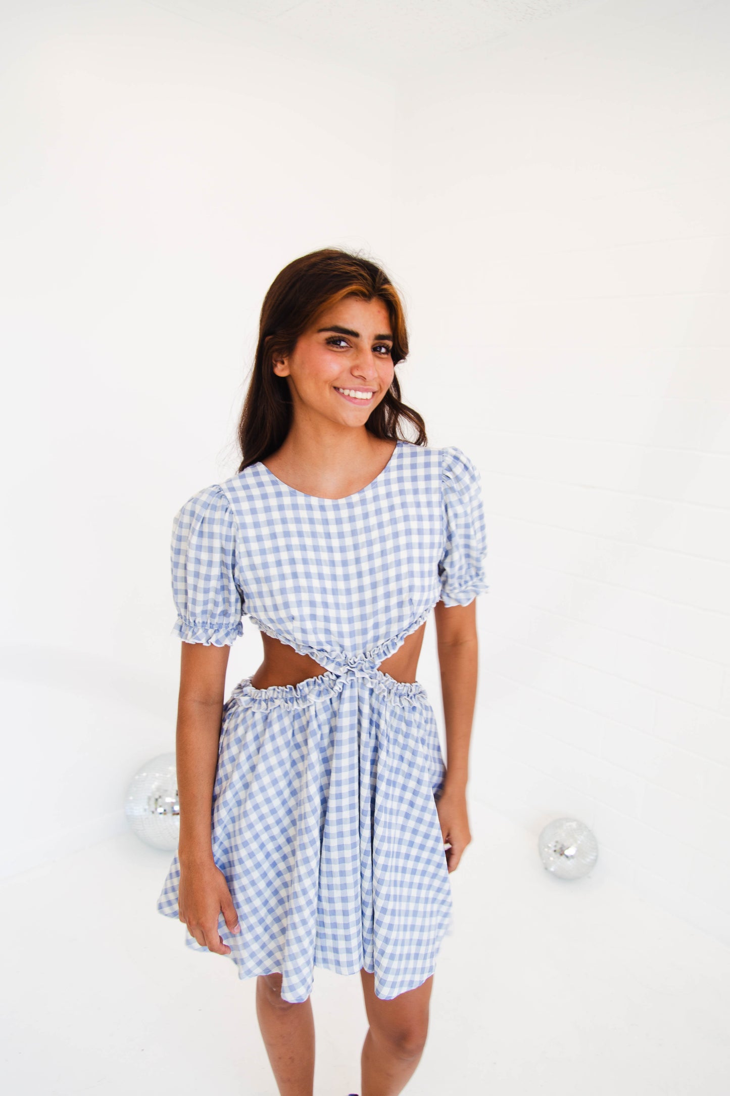Blue Gingham Cut Out Waist Dress
