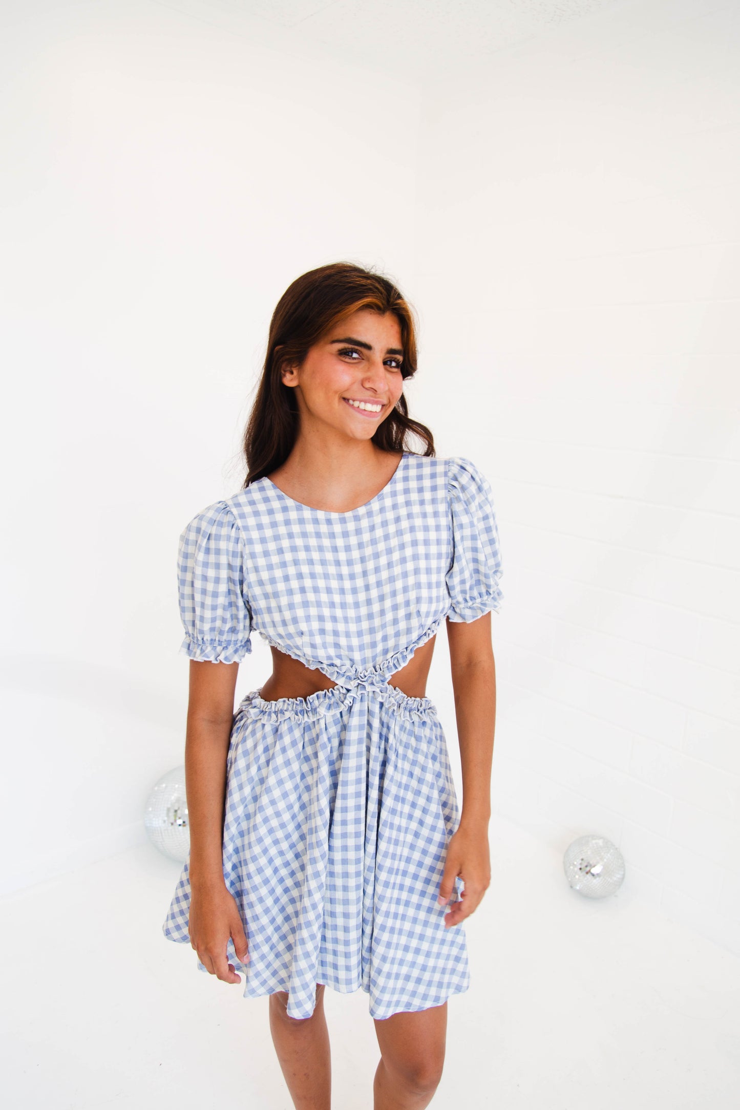 Blue Gingham Cut Out Waist Dress